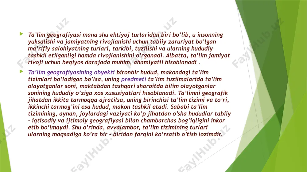 tushunchasi turli joylarda turlicha belgilanadi. ayrim mamlakatlarda oddiy matnlarni o’qishni bilgan odam savodli hisoblangan bo’lsa, ba’zi yurtlarda o’qish bilan birga yozishni ham bilgan odam savodli hisoblangan. shuning uchun ham savodxonlik tushunchasi mohiyatini tayin etish masalasi demografik statistika va aholi ro’yxati dasturlariga doir xalqaro yig’ilishlarda bir necha bor ko’rib chiqilgan. uneskoning 1958-yili parijda bo’lib o’tgan x sessiyasida barcha mamlakatlarda savodxonlik tushunchasini birxillashtirish maqsadida yozuvni tushunib o’qiy oladigan va o’zining kundalik hayotini yozma ravishda bayon qila biladigan kishilarni savodli hisoblashga kelishilgan. m., finlandiyada bu ko’rsatkich 99.9 foizni tashkil etsa, afrikaning ko’plab mamlakatlarida 20 foizga ham bormaydi va h.k. aqliy talofat – yuqori malakali kadrlarning ko’chib ketish jarayoni. bakalavrlik – “bazaviy oliy ta’lim berish” demakdir. unda o’qish kamida 4 yil davom etib, oliy ma’lumot va tayanch mutaxassislik diplomini olish bilan tugaydi.  magistratura – aniq mutaxassislik bo’yicha oliy kasbiy talim bo’lib, bakalavrlik negizida kamida ikki yil davom etadi. undagi tahsil yakuniy kvalifikatsion davlat …