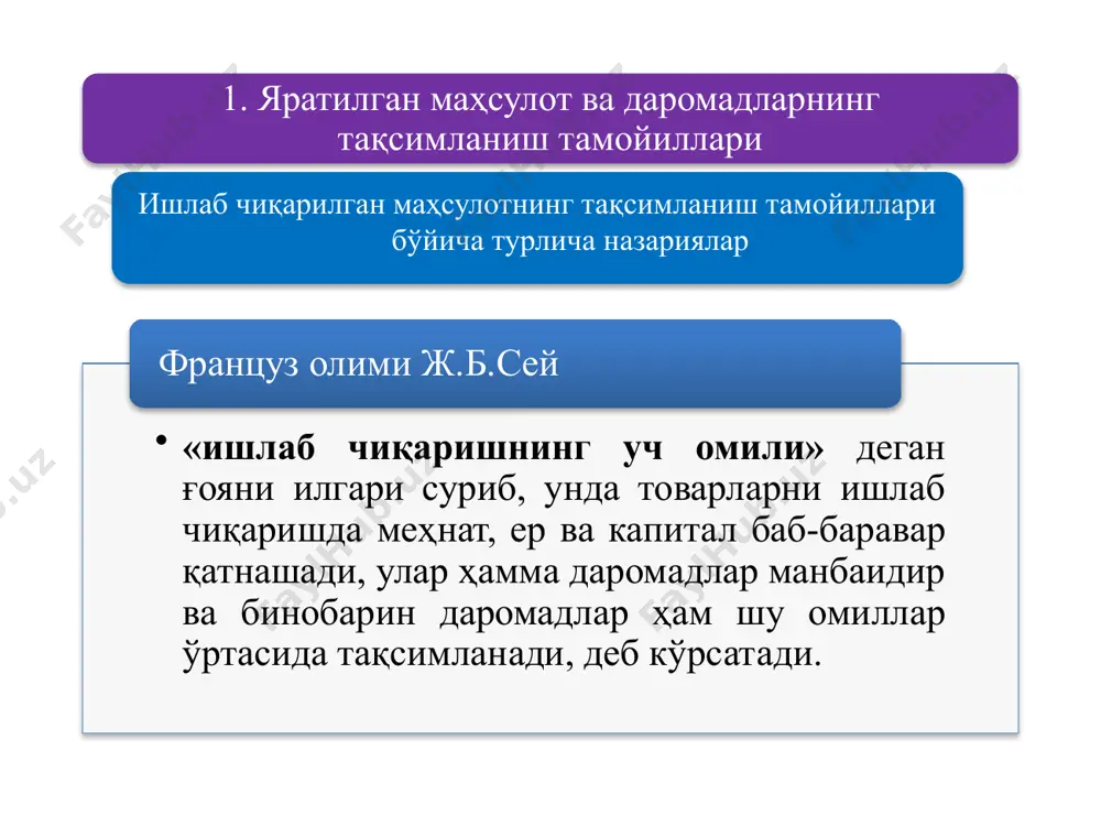 яратилишини кўрсатиб беролмаган. 2 3 сей ва кларк ғояларининг камчиликлари кларк томонидан яратилган қўшилган меҳнат унумдорлигининг камайиб бориш қонуни турли омилларнинг бир-бирига мослиги таъминланмаган, кўр-кўрона харажатлар ошириб борилган ҳамда илмий-техника тараққиёти мутлақо тўхтаб қолган даврга (ҳолатга) мос келиб, ҳозирги замон ривожланган бозор иқтисодиёти шароитига тўғри келмайди. сей ва кларк айтганларидек, ҳозирги даврда яратилган бойлик, тўғрироғи миллий маҳсулотнинг ҳаммаси бу учала омилнинг миқдори ва унумдорлигига қараб тақсимланмайди, балки унинг амортизация ажратмалари, марказлашган фондлар ташкил қилингандан қолган қисми шу омилларга қараб унинг эгалари ўртасида тақсимланади. ҳозирги даврда мамлакатимизда амалга оширилаётган иқтисодий ислоҳотлар талабларини ҳисобга олиб, яратилган маҳсулотни тақсимлашнинг асосий йўналишлари а) умуман олганда маҳсулотни, бинобарин даромадларни тақсимлаш ҳам доим бир хил бўлмай, балки шу даврда амал қилиб турган иқтисодий муносабатлар тизимига, жумладан мулкчилик муносабатларига боғлиқ бўлади. ишлаб чиқаришнинг моддий шарт-шароитлари, яъни капиталга мулкчиликнинг турли шакллари мавжуд бўлган, ерга эса давлат мулки бўлиб турган шароитда яратилган миллий маҳсулот мулк эгалари (давлат, жамоа, хусусий, …