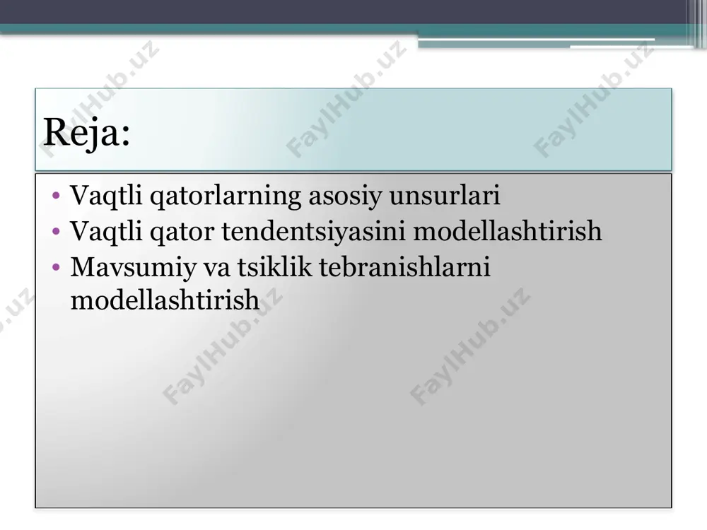 ta o’rganilayotgan xodisa va jarayonlarda omillar turli ko’rinishlarda namoyon bo’lganda qator darajalarining vaqtga bog’liqligi turli shakllarda bo’lishi mumkin. ikkinchidan, o’rganilayotgan ko’rsatkich tsiklik tebranishga ega bo’lishi mumkin. bu tebranishlar mavsumiy xarakterga ega bo’ladi, chunki ko’pchilik iqtisodiy tarmoqlarning iqtisodiyoti yilning davrlariga bog’liq (masalan, yozgi davrda qishloq xo’jaligi mahsulotining bahosi qishki davrdagiga nisbatan arzonroq bo’ladi, kurort shaharlarida qish faslida ishsizlik darajasi yozgi faslga nisbatan yuqori bo’ladi). uzoq vaqt oralig’i uchun ma’lumotlarning katta massivi mavjud bo’lganda bozor kon’yukturasining umumiy dinamikasi hamda mamlakat iqtisodiy holati bilan bog’liq bo’lgan tsiklik tebranishlarni aniqlash mumkin. alohida vaqtli qatorlarni ekonometrik tadqiq qilish –yuqorida olingan ma’lumotlarni qatorning kelajakdagi qiymatlarini bashoratlash uchun yoki ikki va undan ko’p davriy qatorlarning o’zaro bog’langan modellarini tuzishda qo’llash uchun komponentalarning har biriga miqdoriy ifodalarni aniqash va berishdan iborat. vaqtli qator tendentsiyasini modellashtirish qatorning har bir darajasi tendentsiya, davriy tebranishlar va tasodifiy komponentalar ta’sirida shakllanadi. ko’p holatlarda vaqtli qatorlarning haqiqiy darajasini trend, tsiklik va tasodifiy komponentalarning …