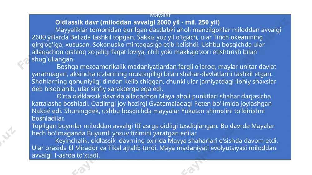 iltijo qilishardi. qirol turli mayya shahar-davlatlari o'rtasida amalga oshiriladigan barcha savdo-sotiq ishlarni qirol o'z zimmasiga olgan. savdogarlar, o'z navbatida, merosiy xususiyatiga ega bo'lgan o'z kastalarini tuzdilar. vaqt o'tishi bilan bular keng savdo tarmog'ini yaratdilar. aholi jamoat xizmatlarini xam o`tagan. mayyalarning muqaddas kitoblaridan birida ushbu sivilizatsiya har doim er mahsulotlari, ayniqsa makkajo'xori bilan juda yaqin tanish bo'lgan. ularning e'tiqodlariga ko'ra, inson o'sha yormadan yaratilgan. mesoamerika sivilizatsiyalarida bo'lgani kabi, ijtimoiy sinf ham mayya madaniyati tarkibidagi kiyimda ifodalangan. quyi toifadagi erkaklar juda oddiy kulot (engil kiyim) kiyib, ko'kragini ochmasdan kiyib yurishgan. o'z navbatida, bu toifadagi ayollar paxtadan tikilgan har xil rangdagi keng ko'ylaklarni, shuningdek uzun yubkalarni kiyib yurishgan. qirol oilasi va yuqori amaldorlardan tashkil topgan yuqori tabaqa yuqori sifatli kiyim kiygan. ularda patlar va toshlardan yasalgan bezaklar ajralib turardi. mayyalar astronomiya va arifmetikada katta yutuqlarni olib kelishdi, bu keyingi madaniyatlarga ta'sir ko'rsatdi. mayalar 20-sonli raqamlash tizimini yaratishgan, bu juda katta yangilik sifatida 0 …