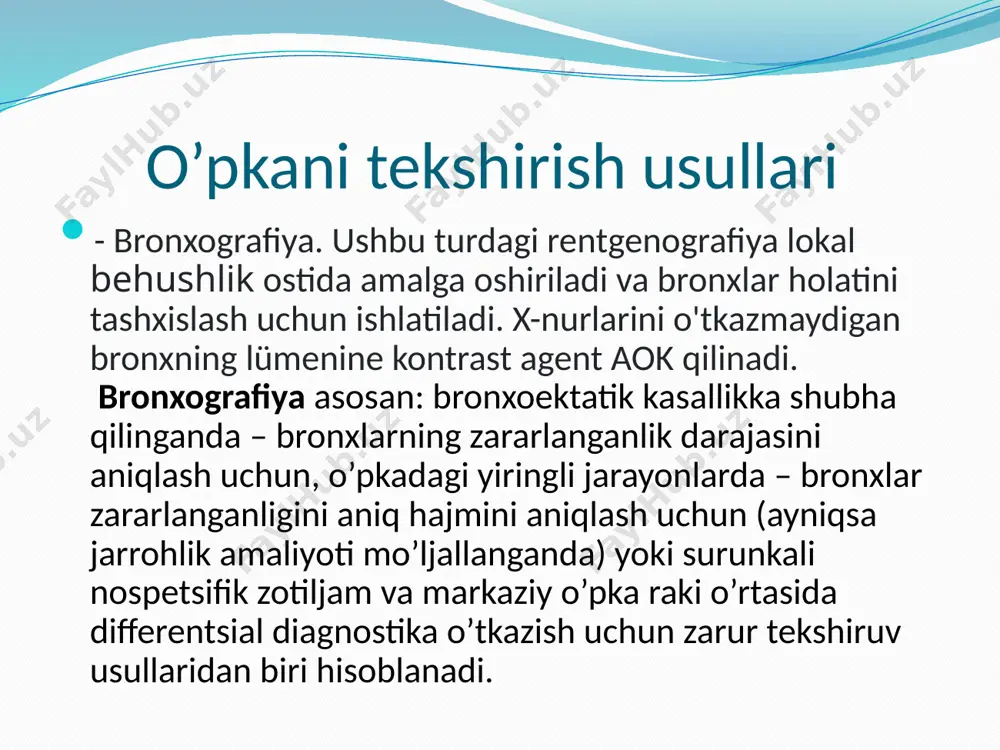 g quyidagi turlari amalga oshiriladi:tinch nafas olish;majburiy ekshalasyon;o'pkaning maksimal shamollatilishi;funktsional testlar. spirometriya bronxial astma, obstruktiv o’pka kasaligi,sarkoidoz kabi kasalliklarni aniqlashda, shuningdek boshqa kasalliklarda va turli tibbiy tadbirlar paytida nafas olish apparati holatini baholashda qo'llaniladi. spirometriyani tahlil qilish nafas olish funktsiyasini o'rganishdir, unda mutaxassislar uning hajmini va tezligini aniqlaydi. bunday tadqiqotlar nafas olish funktsiyasi buzilgan yoki organizmdagi kislorod almashinuvi etishmovchiligi bilan bog'liq bo'lgan kasalliklarning tashxisi uchun zarurdir. spirometr yordamida o’pkaning tiriklik sig’imini tekshirish tajribaga kerakli anjomlar: spirometr, stakandagi margansovka eritmasi, tajriba odamda o`tkaziladi. tajriba o`tkazish tartibi. odamda o`pkaning tiriklik sig`imini o`lchash uchun atmosferadan iloji boricha chuqur nafas olib, o`pkadagi havoni oxirigacha spirometrga chiqarishi kerak. spirometr ekranida tekshiriluvchiga tegishli o`pkaning tiriklik sig`imini ko`rsatuvchi raqamlar ko`rinadi. tajribani rasmiylashtirishga doir ko`rsatmalar. birinchidan, bemordan chuqur nafas olish va nafasini ushlab turish talab etiladi, shundan so'ng siz og'ziga mahkam yopishib olishingiz kerak, so'ngra osoyishtalik va osoyishtalikni havoga ko'tarib chiqing. surunkali o'pka kasalliklarida bu jarayon 15 sekundni …