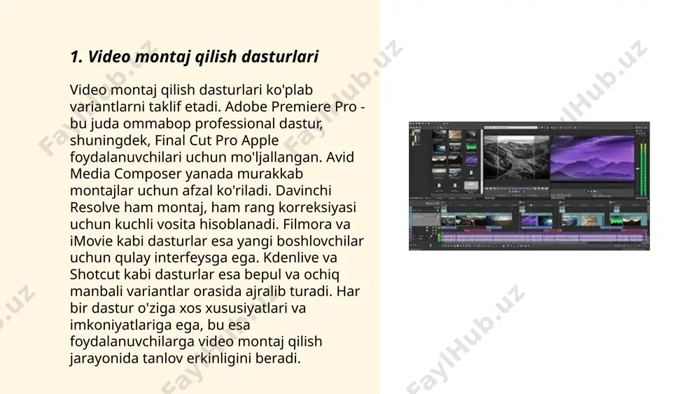 ts yoki davinci resolve, yuqori sifatli raqamli effektlar yaratish imkonini beradi. masalan, chroma keying texnologiyasi fonni olish uchun qo'llaniladi. motion tracking orqali esa ob'ektlarni videoda kuzatish va ularga effektlar qo'llash mumkin. ba'zi murakkab vizual effektlar uchun gpu (grafik protsessor) kuchidan foydalaniladi, bu rendering jarayonini tezlashtiradi. bugungi kunda ko'plab professional videolar, filmlar va reklamalarda ushbu turdagi effektlar keng qo'llanilmoqda. ... t.me/slaydai_bot 7. raqamli videomontaj 7. raqamli videomontaj bugungi kunda keng tarqalgan texnologiya bo'lib, u turli ko'rinishdagi audiovizual materiallarni yaratish, tahrirlash va optimallashtirish imkoniyatini beradi. videomontaj dasturlari, masalan, adobe premiere pro, final cut pro va davinci resolve, yuqori sifatli video loyihalarni amalga oshirishga yordam beradi. 2023 yilda, videomontajchilar orasida mashhur bo‘lgan davriy tendensiyalardan biri 4k va 8k sifatidagi videolarni ishlatishdir. raqamli kontent yaratishda ko'pincha mashinalarni o'rganish va sun'iy intellekt texnologiyalaridan foydalanish yanada rivojlanib bormoqda, bu esa murakkab tahrir vazifalarini avomatlashtirish imkonini beradi. ... t.me/slaydai_bot video formatlarini konvertatsiya qilish – bu bir formatdagi …