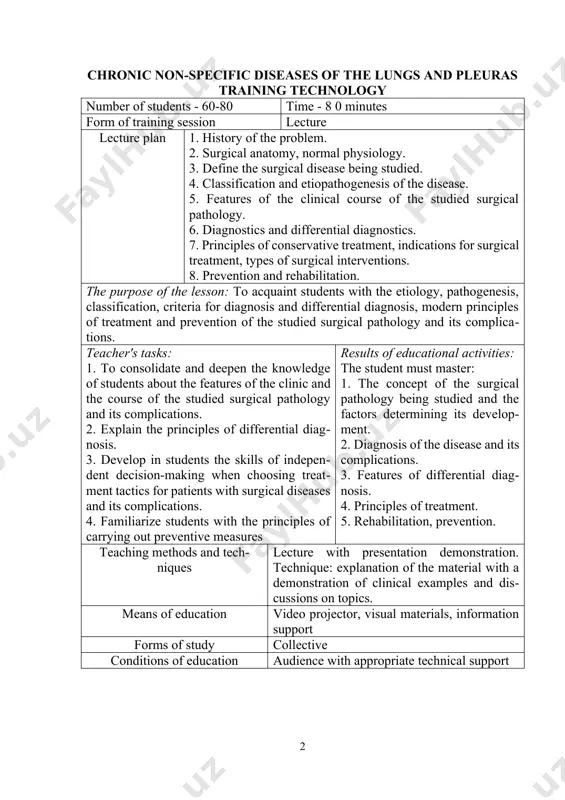 ng methods and techniques lecture with presentation demonstration. technique: explanation of the material with a demonstration of clinical examples and discussions on topics. means of education video projector, visual materials, information support forms of study collective conditions of education audience with appropriate technical support technological card lectures stages, time activity teacher students stage 1 introduction (5 minutes) 1. informs the title of the topic, the goal, the planned results of the lecture and the plan for its implementation 1. listen stage 2 knowledge update (20 minutes) 2.1. in order to update the knowledge of students, he asks questions, repeats the knowledge of anatomy, normal and pathological physiology. conducts a survey. 2.2. slideshow and comments 2.1. answer questions 2.2. learn the content of the slides stage 3 informational (45 min) 3.1. consistently presents the material of the lecture on the issues of the plan, uses visual materials with step-by-step answers to …