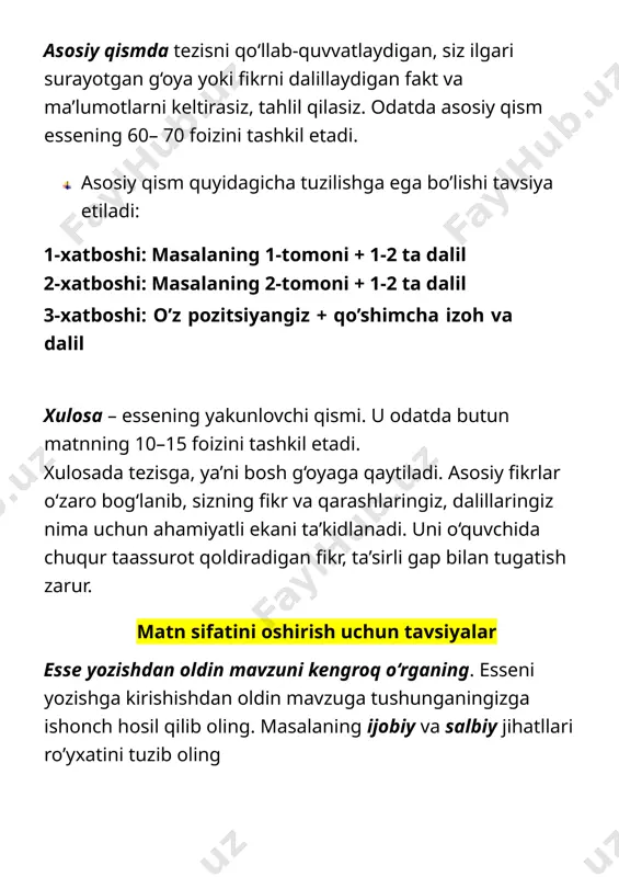 saqlanish, bir aytilgan fikrni yana qayta takrorlashga yo‘l qo‘ymaslik kerak. uzundan uzoq, aralash turdagi qo‘shma gaplar o‘rniga qisqa va ixcham ifoda usulini qo‘llagan ma’qul. qisqa, lo‘nda va aniq yozishga intiling. esse xatboshilarga to‘g‘ri ajratilishi kerak. esseni yozib bo‘lgach, uni qayta-qayta o‘qib chiqish tavsiya etiladi. yozgan essengizni ovoz chiqarib o‘qib ko‘ring. shunda uning kamchiliklarini, ifodadagi g‘alizliklarini aniqlash osonlashadi. esse yozishdagi xatolar ortiqcha jimjimadorlik. ko‘p kitob o‘qiganingizni yoki so‘z boyligingizni atay ko‘rsatishga urinmang. insholarda kuzatiladigan badiiy bo‘yoqdorlik, balandparvozlikni esse ko‘tarmaydi. mavzuni yaxshi bilmaslik va hayotiy misollar keltirmaslik. o‘zi yaxshi bilmagan odam boshqalarga nimani tushuntirishi, anglata olishi mumkin? hayotiy misollar ko‘p hollarda o‘rinli bo‘ladi. u essening jozibadorligini, ishonchliligini oshiradi. muallifni o‘quvchiga yaqinlashtiradi. fakt va ma’lumotlardagi xatolik. tekshirilmagan yoki ishonchsiz manbalardan olingan faktlardan foydalanish so‘zingizning qadrini tushiradi. dalillashdagi xatolik. fikrga aloqasiz yoki uni quvvatlantirmaydigan dalillar keltirmaslik kerak. dalillar o‘rniga ritorika yoki quruq tasdiqdan foydalanish ham koni zarar. faqat boshqalarning fikrini keltirish, o‘z munosabati va …