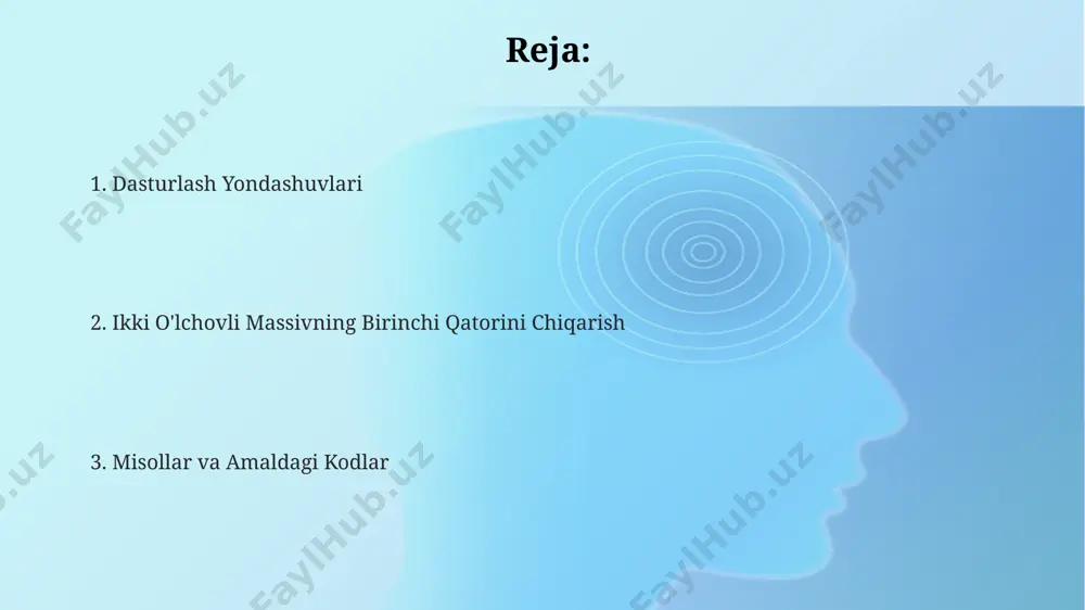 elementiga murojaat qilish zarur, bu yerda `j` 0 dan `m-1` gacha o'zgaradi. ikki o'lchovli massivda 0-indeksli qatorning elementlari soni massivning ustunlar soniga teng bo'ladi va ularni chiqarish uchun oddiy tsikl yordamida har bir elementni alohida kirish mumkin. massivning birinchi qatorini (indeksi 0) chiqarish uchun, tashqi tsikl indeksini 0 ga o'rnatish va ichki tsikl ustunlar bo'ylab iteratsiya qilish kerak. har bir ustun elementi ekranga chiqariladi. e'tiboringiz uchun rahmat @taqdimot_robot image1.png