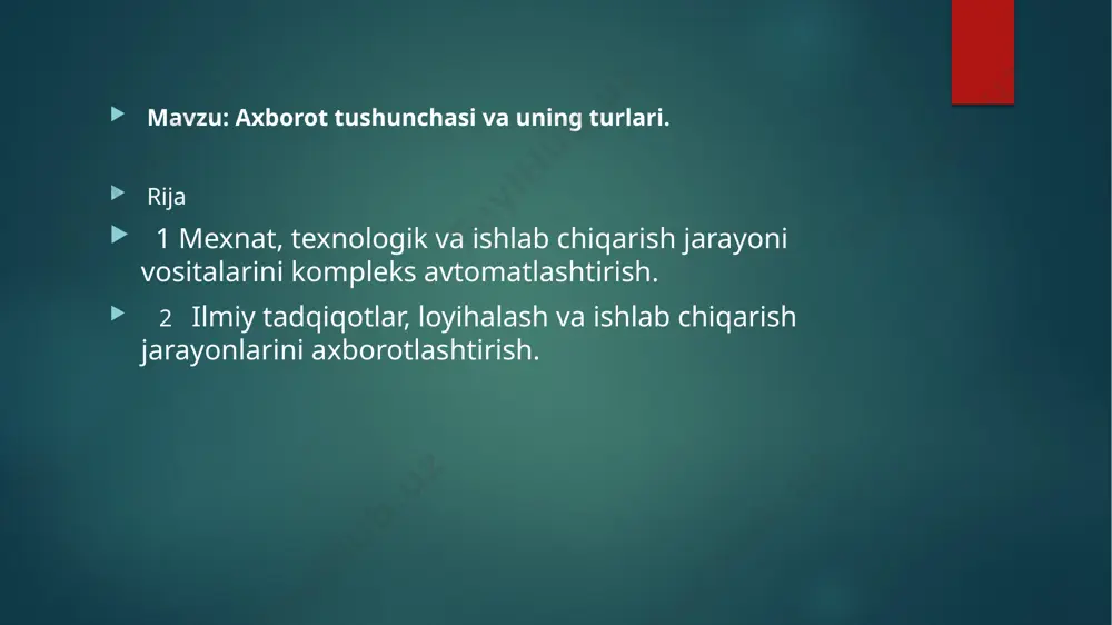 lik sanoq tizimida o’lchov birligi – dit (o’nlik razryad). axborot miqdori i ni tizim holatining noaniqlik tushunchasi(tizim entropiyasi)ni ko’rib chiqmasdan aniqlab bo’lmaydi.axborotning semantik o’lchovi. axborot ma’nosining mazmuni yoki axborotning miqdorini semantik darajada o’lchash uchun tezaurus o’lchovidan foydalaniladi. bu o’lchov axborotning semantik xususiyatlarini foydalanuvchining kelgan xabarni qabul qilish qobiliyati bilan bog’laydi. axborotning paragmatik o’lchovi. bu axborotning o’lchov birligi foydalanuvchi qo’ygan maqsadni egallash uchun kerak bo’lgan axborotning yaroqliligi bilan ifodalanadi. paragmatik o’lchov ham nisbiy bo’lib, u axborotni qaysi tizimda ishlatishga bog’liqdir.axborotning eng kichik o’lchov birligi sifatida 1 bit qabul qilingan. image2.png image3.png image4.png image5.png /docprops/thumbnail.jpeg