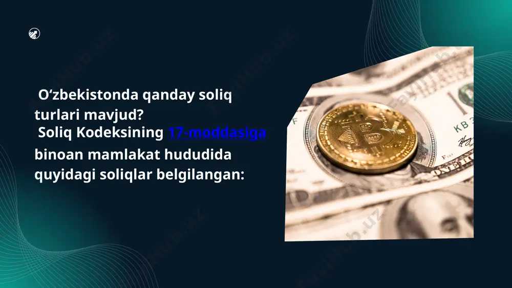suvni iste’mol qilishni amalga oshiruvchi yuridik shaxslar, faoliyatini o‘zbekiston respublikasida doimiy muassasalari orqali amalga oshirayotgan norezident yuridik shaxslar, suvdan tadbirkorlik faoliyati uchun foydalanuvchi yakka tartibdagi tadbirkorlar hamda dehqon xo‘jaliklari kiradi mol-mulk solig‘i ushbu soliq ko’chmas mulk egalari tomonidan to’lanadi, jumladan uy-joylar, kvartiralar, dala hovli imoratlari, tadbirkorlik faoliyati uchun mo’ljallangan ko’chmas mulk obyektlari va boshqa imoratlar kiradi. soliq stavkalari uy-joyning maydoniga qarab belgilanadi. masalan, 2024-yildan boshlab, umumiy maydoni 200 kvadrat metrgacha bo’lgan uy-joylar uchun soliq stavkasi 0.31% ga oshirildi yer solig’i bu — yerdan foydalanganlik uchun davlatga majburiy to’lanadigan soliq turi bo’lib, iqtisodiy mohiyati bo’yicha yer rentasini ifoda etadi. o’zbekistonda yer solig’ini o’z mulkida, egaligida yoki foydalanishida yer uchastkalari bo’lgan yuridik va jismoniy shaxslar to’laydilar ijtimoiy soliq bu turdagi soliq ijtimoiy ta’minot va sug’urta maqsadlariga xizmat qiladi. ijtimoiy soliqning asosiy maqsadi mehnatga haq to’lashdan kelib chiqadigan daromadlar uchun hisoblab chiqariladi va bu mablag’lar ijtimoiy dasturlarni moliyalashtirishga sarflanadi. bunda soliq stavkalari budjet …