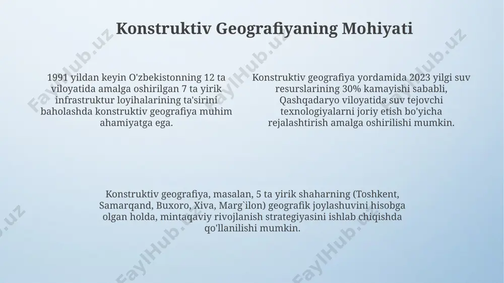 zichligi va iqtisodiy faollik ko'rsatkichlarini solishtirish orqali shahar rejalashtirishda muhim xulosalar chiqarish mumkin. farg'ona vodiysidagi 3 ta tumanning yer resurslari tahlili natijalariga ko'ra, qishloq xo'jaligining samaradorligini oshirish uchun suv resurslarini boshqarish bo'yicha 15 ta tavsiya ishlab chiqilgan. prognozlash va rejalashtirish toshkent viloyatining 7 ta tumanida ekologik toza transport vositalarining sonini 2025-yilga borib 2 barobarga oshirish rejalashtirilgan boʻlib, bu havo sifatini yaxshilashga yordam beradi. qishloq xoʻjaligi mahsulotlarining 15% gacha koʻpayishini taʼminlash maqsadida, fargʻona vodiysida suv resurslarini boshqarish va yerlarni samarali ishlatish boʻyicha 3 yillik rejalashtirish amalga oshirilmoqda. oʻzbekistonning 2030-yilgacha boʻlgan rivojlanish strategiyasi doirasida, 5 ta yirik shahar – toshkent, samarqand, buxoro, xiva va andijonning geografik joylashuvi va infrastruktura rivojlanishi prognoz qilinmoqda. atrof-muhitni muhofaza qilish ўзбекистондаги "амударё" биосфера резервати 200 дан ортиқ қуш турига ва 60 га яқин сут эмизувчи турларига яшаш жойи бўлиб хизмат қилади, бу ерда биологик хилма-хилликни сақлашга алоҳида эътибор берилади. қорақалпоғистон республикасидаги арал денгизининг қуриган тубидаги тузли чўллардаги …