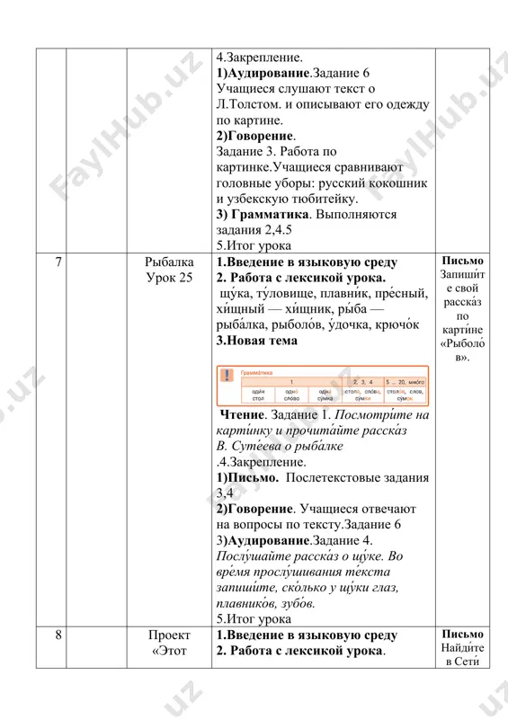 а́ть дом, наряжа́ть ёлку, нового́дние пода́рки, дари́ть пода́рки, запуска́ть салю́т 3.новая тема. чтение. задание 1. чтение расска́за в. биа́нки «сини́чкин календа́рь». 4.закрепление. 1) говорение. учащиеся отвечают на вопросы по тексту. 2) грамматика.задание 2 раскро́йте ско́бки, согласу́йте прилага́тельные с существи́тельными в да́тельном падеже́. 5.итог урока выучите стихотворение о новом годе . 12 скоро новый год уроки 29-30 1.введение в языковую среду 2. работа с лексикой урока. повторение, закрепление лексики урока чтение. задание 3 чтение текста. прочита́йте, как и когда́ на́чали отмеча́ть но́вый год на руси́ и как отмеча́ют сейча́с. 1) говорение. задание 4. сравни́те, как отмеча́ют но́вый год в росси́и и узбекиста́не. 2) грамматика.задание 6 3) аудирование. задание 5. послу́шайте расска́з «снегови́к и снеги́рь». 5.итог урока напиши́те поздравле́ние своему́ дру́гу с но́вым го́дом. 13 обобщающий урок новый год 1.введение в языковую среду 2. работа с лексикой урока. гото́виться к пра́зднику, кле́ить гирля́нды, выреза́ть флажки́, бенга́льские огни́, зажига́ть, засверка́ть, фейерве́рк, сия́ть, сия́ние …