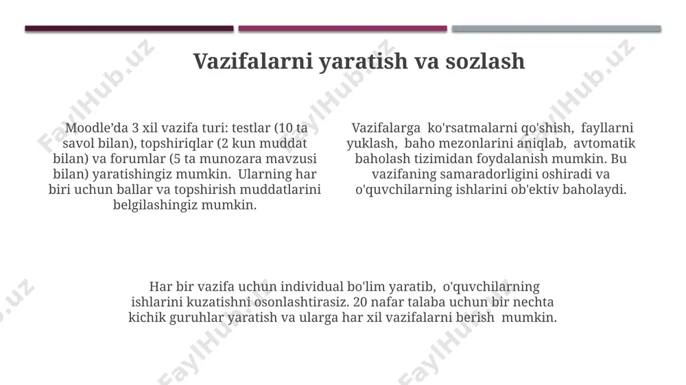 alabalarga yuborish imkoniyati mavjud bo'lib, bu 5 ta turli guruhlarga yoki 100 ta talabaga xabar yuborishni osonlashtiradi. xavfsizlik sozlamalari moodle-da fayllarni yuklash va tahrirlash imkoniyatlarini cheklash orqali, masalan, faqat .doc, .pdf kabi ma'lum fayl turlariga ruxsat berish orqali, kursning xavfsizlik darajasini yaxshilash mumkin. bu 10 dan ortiq xavfsizlikka tahdid soladigan fayl turlarini bloklashga yordam beradi. kursning xavfsizlik darajasini oshirish uchun, moodle'ning 2-faktorli autentifikatsiya tizimidan foydalanish, shuningdek, parol siyosatini kuchaytirish va muntazam ravishda zaif parollarning tekshiruvini o'tkazish tavsiya etiladi. moodle kursi xavfsizlik sozlamalarida 3 ta asosiy rol: talaba, o'qituvchi va ma'mur mavjud bo'lib, har bir rolga turli xil huquqlar berilishi mumkin. masalan, faqat ma'mur kursga yangi foydalanuvchilarni qo'shishi mumkin. forumlarni yaratish va sozlash moodle forumlarida 2 ta asosiy forum turi mavjud: “standart forum” va “qayta ishlangan forum”, ularning har biri turli xil bahs-munozaralarni tashkil qilish imkoniyatlarini taqdim etadi. forumlarni yaratishda, talabalarga topshiriqlar berish yoki muhokamalarni 5 ball shkalasi bo'yicha baholash kabi …