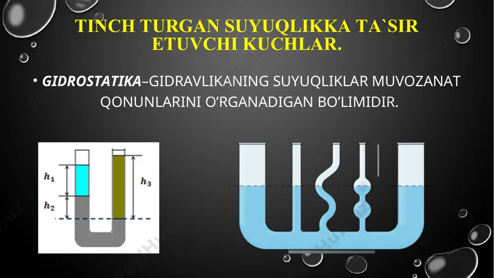 an, masalan: mm suv ust., mm simob.ust. va xokazo; texnik atmosfera yoki fizik atmosfera deb ataluvchi birliklar bilan, masalan at., atm. suyuqlik ustuni balandliklari bilan, masalan: mm suv ust., mm simob.ust. va xokazo; texnik atmosfera yoki fizik atmosfera deb ataluvchi birliklar bilan, masalan at., atm. suyuqliklar muvozantining eyler differensial tenglamasi. muvozanat holatidagi suyuqliklarga bosim va og`irlik kuchlari ta'sir qiladi. bosim suyuqlik egallagan xajmning har xil nuqtalarida har xil qiymatga ega. shuning uchun bosimni koordinata o`qlari x, y, z larning funksiyasi deb qarash kerak. ko`rilayotgan suyuqlikda tomonlari dx, dy va dz bo`lgan parallelepiped elementar xajm ajratib olamiz (2.1-rasm) suyuqliklar muvozantining eyler differensial tenglamasi. olingan elementar xajm ox, oy va oz o`qlari bo`yicha muvozanatda bo’lishi uchun bu o’qlar bo`yicha yo`nalgan kuchlar yigindisi nolga teng bo’lishi kerak deb hisoblab, o`xshash miqdorlarni qisqartirib hamda qolgan hadlarni dx, dy va dz ga bo`lib quyidagi tenglamalar sistemasini olamiz: ; ; . suyuqliklar muvozantining eyler differensial tenglamasi. …