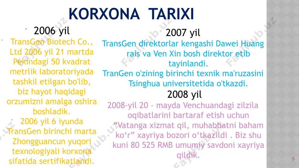 ntirish jarayonida foydalanishi mumkin”, – deydi professor strand. olimlar jamoasi quyon cyp2e1 genini epipremnum genomiga transformatsiya qilishdi. shundan so’ng maxsus berk flakon ichiga transgen o’simlikni qo’yib, uning ichini benzol va xloroform moddasi bilan to’yintirishdi. uch kundan keyin ushbu moddalarning flakondagi konsentratsiyasi sezilarli darajada kamaydi, sakkiz kundan keyin esa u yerdagi xloroform miqdori niyohatda kamligi ma’lum bo’ldi. 19 shu bilan birga jarayonning samaradorligini solishtirish uchun boshqa bir flakonga transgen bo’lmagan epipremnum joylashtirildi, uchinchi flakonga esa o’simlik joylashtirilmadi. tajriba davomida odatdagi o’simlik va o’simlik bo’lmagan flakonlardagi zararli moddalar konsentratsiyasi o’zgarishsiz qolgan. olimlarning ta’kidlashlaricha transgen xona o’simligi yaratish bilan xona havosini zaharli moddalardan tozalab turuvchi biofiltr yaratildi. u o’z navbatida maxsus filtrlar o’rnini bemalol bosa oladi. ushbu tadqiqot natijalari xalqaro environment technology ilmiy jurnalida chop etildi . 20 genetik jihatdan o‘zgartirilgan hayvonlar turli maqsadlarda , jumladan, dori vositalari ishlab chiqarish, hosildorlikni oshirish, kasalliklarga chidamliligini oshirish va hokazolar uchun genetik modifikatsiya qilingan hayvonlardir. genetik …