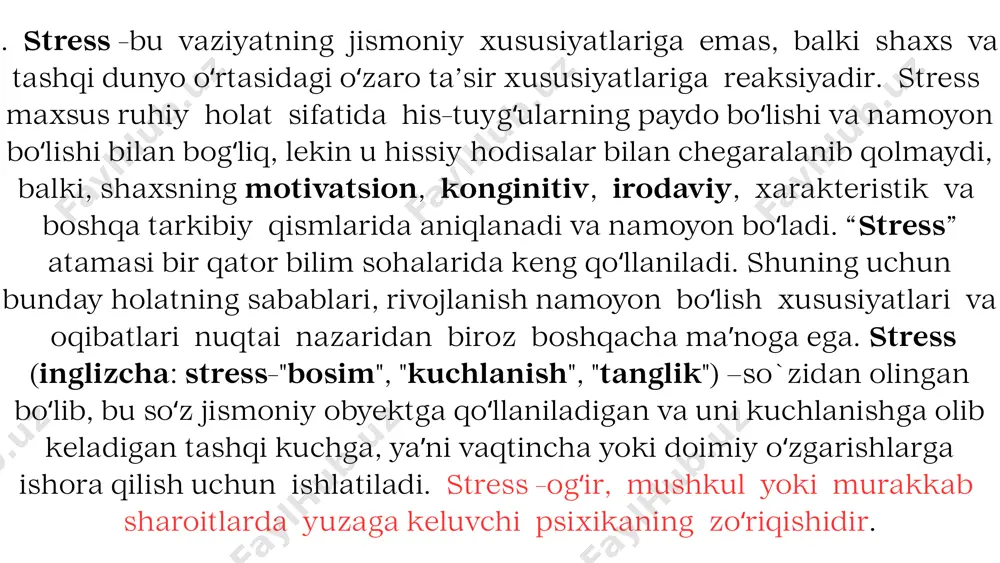 arining janjallashishi, ajrashishi, oilaviy zo'ravonlik, moliyaviy qiyinchiliklar o'smirning ruhiy holatiga salbiy ta'sir ko'rsatadi. ota-onalarning talablari yuqori bo'lishi, o'smirni tushunmasligi, qo'llab-quvvatlamasligi ham stressga olib kelishi mumkin alkogol va giyohvand moddalar: ba'zi o'smirlar stressni yengish uchun alkogol yoki giyohvand moddalarga murojaat qilishadi. bu usul vaqtinchalik yengillik berishi mumkin, ammo uzoq muddatda jiddiy muammolarga olib keladi. oʻspirinlar stress bilan kurashishda turli usullardan foydalanadilar koʻplab oʻspirinlar stressni kamaytirish uchun raqamli texnologiyalarga murojaat qiladilar. masalan, 48% oʻspirinlar kompyuter oʻyinlarini oʻynash orqali, 43% esa internetda sayr qilish orqali stressni yengillashtirishga harakat qiladilar. jismoniy faollik va sport sport va jismoniy mashqlar stressni kamaytirishda samarali vosita hisoblanadi. tadqiqotlarga koʻra, 28% oʻspirinlar sport bilan shugʻullanish orqali, 37% esa muntazam jismoniy mashqlar orqali stressni yengillashtiradilar. sevimli mashg'ulotlar va ijod: rasm chizish, musiqa tinglash, raqsga tushish, kitob o'qish kabi mashg'ulotlar stressni kamaytirishga va dam olishga yordam beradido'stlar va oila bilan muloqot: yaqinlar bilan gaplashish, ularning qo'llab-quvvatlashini his qilish stressni yengishga yordam …