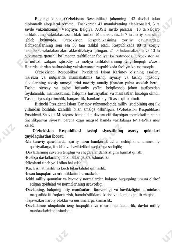 lda tashqi iqtisodiy aloqalar vazirligiga aylantirildi. 1992 yil 21 fevralda esa o‘zbekiston respublikasi birinchi prezidenti islom karimovning «o‘zbekiston respublikasi tashqi iqtisodiy aloqalar vazirligini tashkil etish to‘g‘risida»gi farmoni qabul qilindi. 2002 yil 21 oktyabrdagi «tashqi iqtisodiy aloqalar sohasida boshqaruv tizimini yanada erkinlashtirish va takomillashtirish to‘g‘risida»gi farmonga asosan bu vazirlik o‘zbekiston respublikasi tashqi iqtisodiy aloqalar agentligi etib qayta tashkil qilindi. 2005 yil 21 iyuldagi «tashqi iqtisodiy va savdo aloqalari, xorijiy investitsiyalarni jalb etish sohasida boshqaruv tizimini takomillashtirish to‘g‘risida»gi farmonga asosan, o‘zbekistan respublikasi tashqi iqtisodiy aloqalar agentligi o‘zbekistan respublikasi tashqi iqtisodiy aloqalar, investitsiyalar va savdo vazirligi etib qayta tashkil qilindi. o‘zbekistonda tashqi savdo bilan shug‘ullanuvchi firmalarning maxsus tizimi ham shakllantirildi. respublikada diplomatik ishlar uchun, xalqaro huquq va tashqi iqtisodiy aloqalarda faoliyat yuritadigan mutaxassislar tayyorlashga katta e’tibor berildi. shu maqsadda 1992 yil 23 sentyabr respublika birinchi prezidentining farmoniga ko‘ra toshkentda jahon iqtisodiyoti va diplomatiya universiteti tashkil etildi. shuningdek, o‘zbekiston respublikasi prezidenti huzuridagi davlat va …