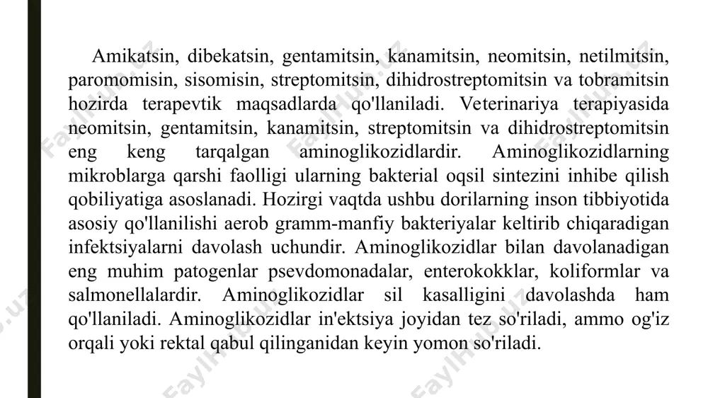ilan 2 bosqichli derivatizatsiya tmsdea bilan sililatsiyadan ustunroq ko'rinadi, asosiy afzallik yuqori derivatizatsiya rentabelligi va yanada barqaror hosilalardir. 2 bosqichli derivatizatsiya usuli ko'proq aminoglikozidlar uchun ham qo'llaniladi va tmsdea asosidagi usul bilan solishtirganda ko'proq ichki standartlar mavjud. tmsdea usullaridan farqli o'laroq, individual aminoglikozidlar tmsi-hfbi usullarida boshqa aminoglikozidlarning tahlillarini buzmaydi. hfbi derivatizatsiyasi elektron tutib olish detektoridan (ecd) foydalanishga imkon beradi, bu esa olovni ionlash detektori (fid) yordamida usullar bilan solishtirganda usulning yuqori selektivligi va sezgirligini ta'minlaydi. aminoglikozidlar uchun gc usullarining asosiy zaifligi kapillyar ustunli ilovalarning yetishmasligidir. teskari fazali xromatografiya. ularning qutbli va ionli tabiati tufayli aminoglikozidlar odatda teskari fazali ustunlarga bo'linmaydi. c18 ustunlariga bo'linish mobil fazada asetat buferi yordamida yaxshilanishi mumkin. asetat ioni aminoglikozidlar bilan ion juftlarini hosil qilib, qarshi ion vazifasini bajaradi. odatda aminoglikozidlar ustunga bo'linish va ajratish xususiyatlarini yaxshilash uchun teskari fazali tahlildan oldin polar bo'lmagan guruh bilan hosil qilinadi. eng ko'p ishlatiladigan derivatizatsiya reagentlari o-ftaaldegid (opa) va 1-ftor-2,4-dinitrobenzol …