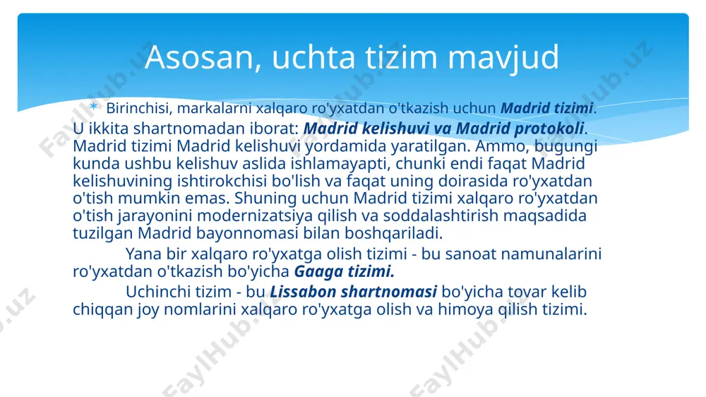 yoki to'g'ridan-to'g'ri bimtgami? ii. gaaga tizimi: sanoat namunalarini xalqaro muhofaza qilish dunyo bo'ylab sanoat namunasini muhofaza qilishni ta'minlash mumkinmi? sanoat dizaynini muhofaza qilish ushbu himoya so'ralgan va berilgan mamlakat yoki mintaqa bilan chegaralanadi. agar bir nechta mamlakat yoki mintaqada muhofaza zarur bo'lsa, alohida milliy yoki mintaqaviy arizalar topshirilishi kerak. biroq, ro'yxatdan o'tish protseduralari odatda har bir mamlakatda yoki mintaqada farq qiladi. biroq, gaaga tizimi ushbu protsedurani soddalashtirishga yordam beradi. umumiy qoida shundan iboratki, sanoat namunalarini xalqaro ro'yxatdan o'tkazishdan maqsad nima? bimt tomonidan boshqariladigan gaaga tizimi foydalanuvchilarga o'z dizaynlari uchun minimal rasmiylik va xarajatlar bilan global miqyosda muhofaza qilish va himoya qilish imkoniyatini beradi. shunday qilib, bitta office-ga belgilangan tillardan birida (ingliz, frantsuz yoki ispan tillarida) berilgan va bitta to'lovni to'lash sharti bilan bitta xalqaro talabnoma talab qilinadi. gaaga tizimining afzalliklari nimada? ushbu tizim sanoat namunasi egasiga bir nechta shartnoma tuzuvchi tomonlarda (davlatlarda yoki mintaqaviy hukumatlararo tashkilotlarda) oddiygina bitta arizani to'g'ridan-to'g'ri …