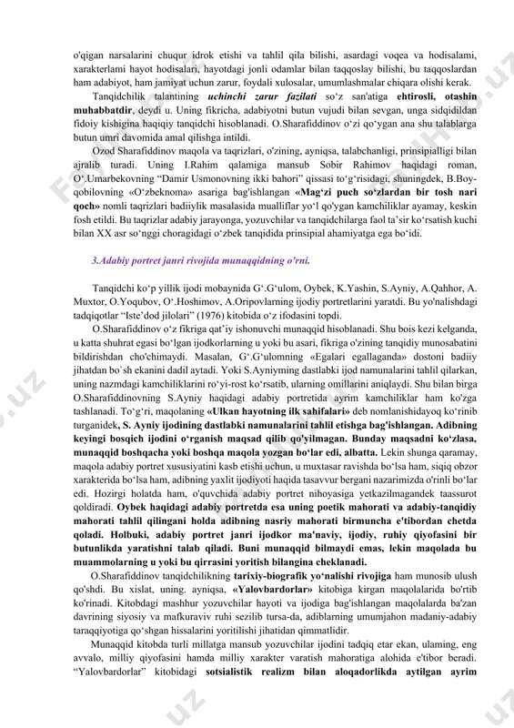 ustaqillik yillarida olimning serqirra va qizg'in faoliyati munosib taqdirlandi. hukumatimizning qator orden va medallariga loyiq topildi. 2002-yilda esa o‘zbekiston qahramoni yuksak unvoniga sazovor bo'ldi. o.sharafiddinovni adabiy jamoatchilikka tanitgan jiddiy va salmoqli ishi «lirika haqida mulohazalar» maqolasidir. maqola lirika haqida 50-yillarning ikkinchi yarmidagi munozarada yalt etib ko‘zga tashlandi. 50-yillaming boshlarida avj olgan «konfliktsizlik nazariyasi» keltirgan oqibatlami lirik she'rlar misolida ishonarli va ta’sirli tahlil etgan o.sharafiddinov timsolida yangi tipdagi o‘zbek tanqidchisi shakllanib kelayotgani ko‘rindi. tanqidchilikdagi ayrim biryoqlamaliklar tufayli m.shayxzoda va mirtemirdek ulkan shoirlar ijodi chuqur, haqqoniy bahosini olmay kelayotgan edi. munaqqid navbatdagi ishlarini shu ikki ulkan shoir ijodiga bag‘ishladi. m.shayxzoda va mirtemiming o.sharafiddinov tomonidan yaratilgan adabiy portretlari bu janrning o‘zbek tanqidchiligidagi go‘zal namunalari qatorida turadi. tanqidchi ijodi 60–70-yillarda sermahsul bo‘ldi. u davr adabiyoti va tanqididagi yutuq va kamchiliklarni tahlil qilib, umumlashtirib, ilmiy-biografik monografiyalari, adabiy portretlari, muammoli maqolalari bilan adabiy tanqid ko'lamini kengaytirdi. tarixiylik va zamonaviylik muammolari ustida jiddiy va rang-barang izlanishlar olib …