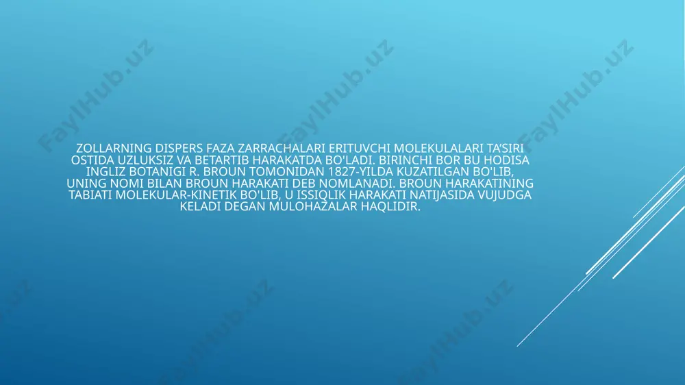 bir elektrolit ikkinchisining ta’sirini susaytiradi (antagonizm); 3) bir elektrolit ikkinchisining ta’sirini kuchaytiradi (sinergizm) kolloid eritmalarga elektrolit qo‘shish orkali koagullanish chaqirishdan avval sistemaga sfm qo‘shilishi zollarning elektrolitning koagullashtiruvchi ta’siriga bo‘lgan barqarorligini oshishiga olib keladi. bunday holatning kuzatilishiga sabab sfm ning zollarga o‘zining liofob qismi bilan adsorbsiyalashib liofil qismlari erituvchi muhitiga yo‘nalishi natijasida, «ximoya» pardasi hosil qilishidir. kolloid zarrachalarning elektrolitlar ta’siridagi koagullanishga bo‘lgan barqarorligini sfm yordamida oshirish «kolloid ximoya» deb ataladi. «kolloid ximoya»- ning miqdoriy belgisi sifatida zolni «ximoyalash soni» tushunchasi kiritilgan bo‘lib, oltin zoli uchun «oltin son», temir zoli uchun «temir son», kumush zoli uchun «kumush son» va h. k. deyiladi. masalan, oltin son tushunchasi quyidagi ta’rifga ega: 10 ml oltin zolini 1 ml 10 % li nacl eritmasining koagullovchi ta’siridan (zol rangini qizildan ko‘kka o‘zgartirishidan) saqlab qoladigan moddaning milligramm miqdori «oltin son» deb ataladi. oltin zolini koagullanishdan ximoyalash maqsadida turli moddalardan foydalanish mumkin. ximoyalash qiymati moddaning xususiyatiga bog‘liq. olingan natija …