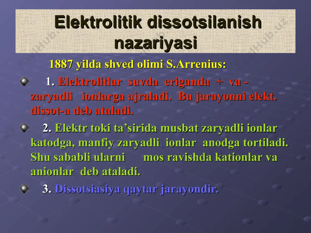 ns-siga, elektrolit tabiatiga va haroratga bog’liq. 18os da elektrolitlaning 0,1 n eritmalari uchun  qiymatlari elektrolit ,% elektrolit ,% h2s hgcl2 nh4oh ch3cooh hf h3po4 h2s03 cuso4 mgso4 h2so4 k2so4 0,07 1,0 1,34 1,34 8,5 27 34 38 42 58 72 hno3 hi hcl koh naoh kcl nacl nano3 ba(oh)2 cacl2 ca(oh)2 92 92 91 91 91 86 86 83 77 75 75 25os da sirka kislota eritmasi uchun dissotsilanish darajasining eritma konsentratsiyasiga bo’g’liqligi k- dissot. konstantasi; [h+] va [no2–]- ionlarning molyar konsen-siyasi; [hno2] – dissotsi-magan ionlarning kons-si. c,m 0,2 0,1 0,05 0,01 0,005 0,001 ,% 0,95 1,40 1,90 4,20 6,00 12,40 1 -  = 1 , k= 2*c agar konsentratsiya 100 marta kamaysa, dissotsialanish darajasi 10 marta ortadi. kislotalar k asoslar k hcn hno2 h2s h2co3 h3po4 hcooh ch3cooh 7,2*10-10 4*10-4 k1=1*10-7 k2=2,5*10-3 k1=4,5*10-7 k2=4,8*10-11 k1=7,1*10-3 k2=6,2*10-8 k3=5*10-10 1,4*10-4 1,74*10-5 nh4oh ca(oh)2 zn(oh)2 pb(oh)2 nh2oh n2h4 ch3nh2 c6h5nh2 …