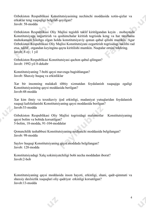 onstitutsiyani o�zgartirish to�g�risidagi taklifni rad etsa, taklif �. o�tgandan keyingina qayta kiritilishi mumkin. nuqtalar o�rnini to�ldiring. javob: 6 oy; 1 yil o�zbekiston respublikasi konstitutsiyasi qachon qabul qilingan? javob: 1992-yil 8-dekabr konstitutsiyaning 7-bobi qaysi mavzuga bag�ishlangan? javob: shaxsiy huquq va erkinliklar xar bir insonning malakali tibbiy xizmatdan foydalanish xuquqiga egaligi konstitutsiyasining qaysi moddasida berilgan? javob:48-modda xar kim ilmiy va texnikaviy ijod erkinligi, madaniyat yutuqlaridan foydalanish xuquqi kafolatlanishi konstitutsiyaning qaysi moddasida berilgan? javob:53-modda o�zbekiston respublikasi oliy majlisi to�g�risidagi ma�lumotlar konstitutsiyaning qaysi bo�lim va bobida ko�rsatilgan? 5-bolim, 18-modda, 91-104-moddalar qonunchilik tashabbusi konstitutsiyaning nechanchi moddasida belgilangan? javob: 98-modda saylov huquqi konstitutsiyaning qaysi moddada belgilangan? javob: 128-modda konstitutsiyadagi �xalq xokimiyatchiligi� bobi necha moddadan iborat? javob:2-bob konstitutsiyaning qaysi moddasida inson hayoti, erkinligi, sha�ni, qadr-qimmati va shaxsiy daxlsizlik xuquqlari oliy qadriyat erkinligi ko�rsatilgan? javob:13-modda o�zbekiston respublikasi prezidenti tomonidan qonun qancha kun ichida imzolanadi va e�lon qilinadi? javob: 60 kun o�zbekiston respublikasi konstitutsiyasining 26-bobi nima deb ataladi? javob: …