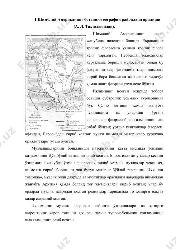 жанубга томон зоналлик характери ўзгаради. атлантика океани соҳилларига ёғинлар энг кўп ва бир текис ёғади; материк ичкарисига томон ёғинлар миқдори тобора камая боради, шу сабабли мўътадил ва субтропик минта-қаларнинг ўрмон-дашт, дашт ва чўл зоналари шимолий америкада ҳеч қаерда атлантика океанига етиб бормайди, аксинча материк ичкарисида меридионалга яқин йўналишда чўзилиб кетади. океан соҳили бўйлаб кенглик зоналари сақланади, бироқ бу зоналлик мезофил ўрмонларнинг турли типларидангина иборат: тайга аралаш ўрмонлар билан, сўнгра эса мўътадил минтақанинг кенг баргли ўрмонлари билан алмашинади; улар эса ўз навбатида жануби-шарқда субтропик доимий яшил ўрмонларга айланади. ўсимлик қоплами зонал типларинииг бундай тақсимланиши осиёнинг шарқига ҳам хосдир, чунки ҳар иккала материкнинг шарқий чекка қисмлари иқлимининг шаклланишида бир қанча умумий қонуниятлар кузатилади. бироқ евросиё билан шимолий американинг орографияси ва ўлчамидаги катта тафовутлар, шунингдек, улар тупроқ-ўсимлик қопламининг тақсимланишида ҳам бирмунча тафовутларга олиб келади. 2.жанубий америка табиат зоналари шимолий америка тропик ва субэкваториал минтақаларда камбар эканлиги ва парчаланганлиги сабабли тропик минтақа чўллари, тропик …
