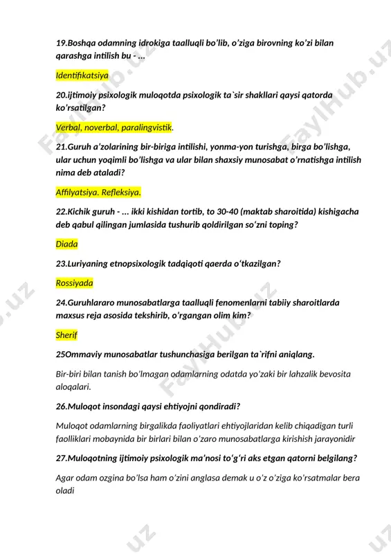 ing qaysi darajasi haqida gap ketyapti? 30.suhbatdoshlar bir-birlari bilan qiziqarli (mantiqiy, emotsional, xulq-atvorga tegishli) ma’lumotlar almashinadilar. muloqotning qaysi darajasi haqida gap ketyapti? noverbal kommunikatsiya 31.o‘zaro munosabatga kirishayotgan sub’ektlar o‘zlarining eng nozik va chuqur munosabatlarini aks ettiradilar. muloqotning qaysi darajasi haqida gap ketyapti? noverbal muloqot 32.odamlarning shaxsiy munosabatlariga tayanib, mazmuni suhbatdoshlarning fikr-o‘ylari, niyat-maqsadlari va emotsional munosabatlari bilan belgilanuvchi muloqot turi qanday ataladi? verbal muloqot 33.suhbatdoshlarning o‘zaro bir-birlarini ko‘rib, yuzma-yuz qilgan muloqoti qanday ataladi? verbal muloqot 34.“agar odam ozgina bo‘lsa ham o‘zini anglasa, demak u o‘z–o‘ziga ko‘rsatmalar bera oladi” – deb yozgan olimning nomi nima? t.shubutani 35.“agar barcha katta avlod o‘lib ketganda, insoniyat turi yo‘q bo‘lib ketmasdi, lekin jamiyatning taraqqiyoti ancha orqaga surilibgina emas, balki yo‘qolib ham ketishi mumkin edi” – deb yozgan olimning nomi nima? a.n.montdev 36.“psixika taraqqiyotidan ocherklar” kitobining muallifini toping. leontdev 37.kommunikativ jarayonning asosiy vositasi nima? axborotlarni almashish jarayoni muloqot 38.kommunikativ jarayon 2 kishining bo‘lishini taqazo etiladi. ular kimlar? …