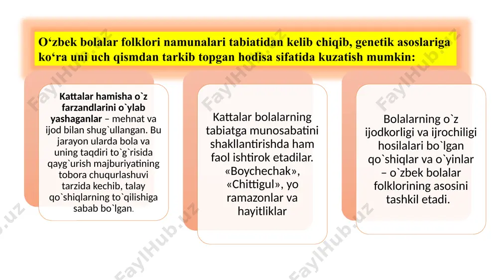 otda oziga dushman bolgan kuchlarga qarshi kurashda doimo g‘olib chiqadi. ertak janri obrazlar talqini, gʻoyaviy mazmuni va konflikti, syujet va kompozitsiyasi, uydirmalarning oʻrni va vazifasi, tili va uslubiga koʻra, shartli ravishda 4 ga bo‘linadi. -hayvonlar haqidagi ertaklar -sehrli ertaklar -maishiy ertaklar -hajviy ertaklar biz rejalashtirgan barcha masalalarni oydinlashtirdikmi??? 1. bolalar folklori tabiati……………………………….. 2. bolalar folklorining janriy tasnifi…………………… 3. allaning janriy xususiyatlari………………………… 4. maqollar va ularning etnopedagogik ahamiyati…. 5. ertaklar va ularning janriy tasnifi……………….. e’tiboringiz uchun rahmat!!! image1.jpeg image2.jpeg image3.jpeg image4.jpeg image5.jpeg image6.jpeg image7.jpeg image8.jpeg image9.jpeg image10.jpeg image11.jpeg image12.jpeg image13.jpeg image14.jpeg image15.jpeg image16.png image17.jpeg image18.jpeg image19.jpeg /docprops/thumbnail.jpeg