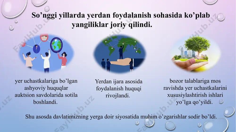 rni muhofaza qilish yuzasidan kelib chiqadigan ijtimoiy munosabatlarni yer qonunchiligi normalari orqali tartibga solishdir. yer huquqining maqsadi - yerlarni muhofaza qilish va ulardan oqilona foydalanish uchun yer munosabatlarini huquqiy tartibga solish. 1.2.yer huquqi predmeti va maqsadi yer huquqi p r e d m e t i yer munosabatlari m a q s a d i yerlarni muhofaza qilish va ulardan oqilona foydalanish yer huquqining yerga oid munosabatlarni tartibga solishga qaratilgan quyidagi usullari mavjud: -impyerativ -dispozitiv dispozitiv usul -tavsiya etuvchi usul; -ruxsat beruvchi; yer huquqining impyerativ usuli yer munosabatlari sub’ektlari doirasini va yer munosabatlarida amalga oshirish mumkin bo‘lmagan harakatlarni (taqiq) belgilaydi. ushbu usulni xaraktyerli jihati shundaki, u yer munosabatlarini tartibga solishda tomonlarni yuridik tengligini rad etadi, hokimiyat va bo‘ysunish munosabatlarini ko‘zda tutadi. masalan, yer uchastkasidan maqsadli foydalanish qoidalari buzilsa (yer kodeksi 36 modda) yer uchastkasiga bo‘lgan huquq bekor qilinadi. yer huquqining dispozitiv usuli tomonlar tengligini tan oladi, uni quyidagicha turlarga bo‘lish …