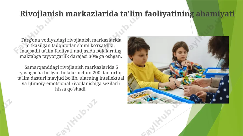 оқда, бу эса уларнинг билиш қобилиятларини ривожлантиришга ёрдам беради. sensorli rivojlantirish sensorli idrokni ривожлантириш учун, 7-8 ёшли болаларга 15 тадан ортиқ ҳисоблаш ва геометрик фигураларни ўрганишга ёрдам берадиган, сезги билан биргаликда логикани ривожлантирадиган ўйинлар самарқанд вилоятидаги марказларда қўлланилади. фарғона водийсидаги ривожлантириш марказларида 6 ёшли болалар билан ўтказиладиган мусиқали терапия сеансларида, турли тебраниш частоталари (20-40 гц) орқали болаларнинг сенсор ҳассослигини ривожлантиришга қаратилган 10 тадан ортиқ машқлар бажарилади. yoshga moslashtirilgan o'quv rejalari toshkentdagi rivojlanish markazlarida 8-12 yoshli o'quvchilar uchun mo'ljallangan o'quv rejalari, 5 ta asosiy fan va 3 ta qo'shimcha fan bo'yicha 20% amaliy mashg'ulotlarni o'z ichiga oladi. yoshga moslashtirilgan o'quv rejalari 3-7 yoshgacha bo'lgan bolalar uchun samarqanddagi rivojlanish markazlarida, bolaning individual rivojlanish sur'atini hisobga olgan holda, 12 ta asosiy rivojlanish sohasini qamrab oladi. ota-onalar bilan hamkorlik bolalar bog'chasi va ota-onalar o'rtasida 2 oy davomida amalga oshirilgan "uy vazifalari" loyihasida toshkent shahridagi 100 nafar ota-ona faol ishtirok etdi, bu esa bolalarning uy …