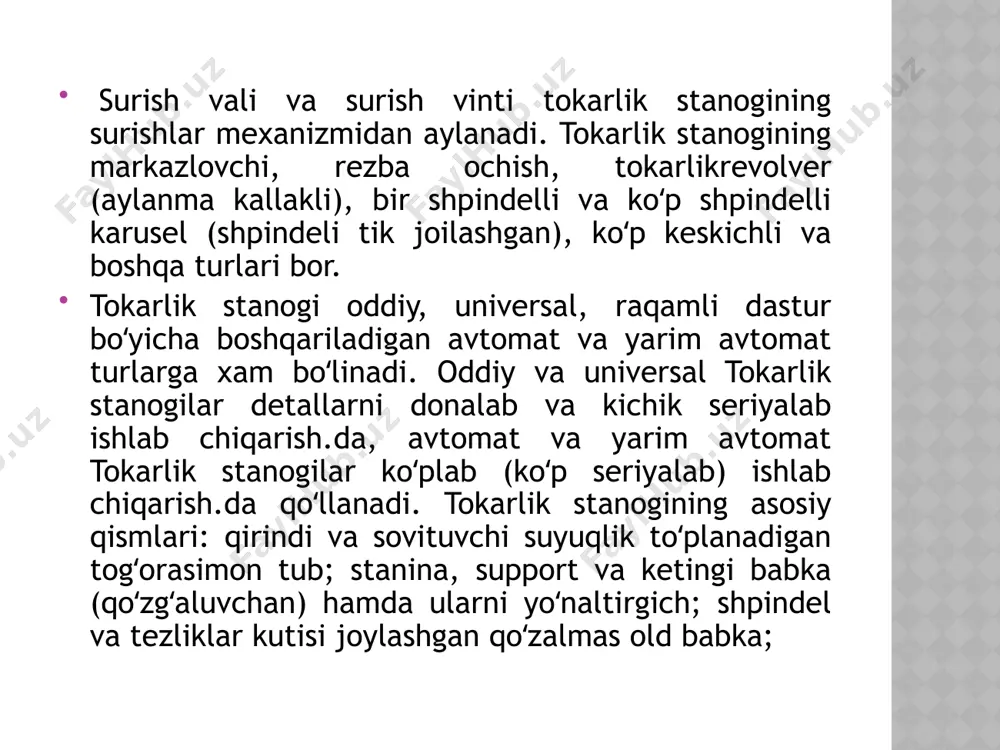 htirilgan yig`ish dastgohlarida ishlangan mahsulotning sifati qo`l bilan ishlov berilganga nisbatan yaxshilanadi, texnologik jihozni ishlash unumdorligi oshadi va qo`l mehnati qisqaradi. mashinasozlik korxonalarini avtomatlashtirishning kopmleks muammolarini hal qilish uchun “1s”, “kompas-3d” “siteline”, “ifs applications”, “autodesk” kabi dasturiy modullardan foydalaniladi. bundan tashqari yig`ish jarayonini besh sinfga bo`lish mumkin. bu sinflar: mexanik yig`ish, payvandlash va kavsharlash, kleylash, magnitli va kombinatsiyalashgan yoki biriktirish asosida rezbali, kavsharli, payvandli, armaturali va bosim ostida olish. tokarlik mashinasi kichik qismlar ketma-ket ishlab chiqarishda ishlatiladi. bu yuqori ishlash uskunalar bilan bog`liq. mashinalar daqiqada 20 qismga ishlov berishga qodir. qurilma eksa, murvat, qisma, ichi bo`sh silindr, shaftlarni ishlab chiqarish uchun mo`ljallangan. avtomatlashtirilgan tokarlik dastgohlarining bir qancha afzalliklari mavjud bo`lib, bularga: tayyor buyumlarning yuqori aniqligi, yuza sifatining aniqligi, ko`p harakatlanuvchi o’qi va ish boshlari mavjudligi jihozni doimiy ravishda qayta sozlashsizlar tuli operatsiyalarni amalga oshirish imkonini beradi. xulosa; xulosa qilib aytadigan bo`lsak, raqamli dasturda boshqariladigan dastgohlarning sanoat va texnikaning har bir …