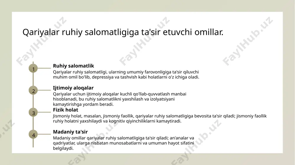 dini olishda muhim rol o‘ynaydi. 3 fikr va o‘yinlar - mantiqiy o‘yinlar, pul o‘yinlari va boshqa fikrli faoliyatlar orqali qariyalar o‘zlarining mantiqiy qobiliyatlarini va xotiralarini rivojlantirishlari mumkin. xulosa 1 qariyalar ruhiy salomatligi qariyalar ruhiy salomatligi muammolari jiddiy ahamiyatga ega. ularning sog'lig'i va farovonligi jamiyatning barqarorligini ta'minlashda muhim rol o'ynaydi. 2 kognitiv pasayish va ta'sir kognitiv pasayish qariyalar orasida keng tarqalgan muammo bo'lib, bu ruhiy salomatlikka salbiy ta'sir ko'rsatishi mumkin. bunga qarshi kurashish zarur. 3 qo'llab-quvvatlash tizimlari o'zbekistonda qariyalar uchun ruhiy salomatlikni qo'llab-quvvatlash tizimlari muhim ahamiyatga ega. ushbu tizimlar qariyalar hayotini yaxshilashga qaratilgan. e'tiboringiz uchun rahmat! /docprops/thumbnail.jpeg
