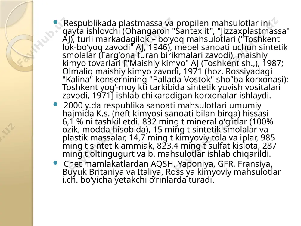 dan boshlandi. 1940-yilda respublikamiz kimyo sanoatining gigant chirchiq elektrokimyo kombinati qurilib ishga tushirildi. kombinat o’sha yilning o’zidayoq qishloq xo’jaligimiz uchun 1 ming 600 tonna mineral o’g’it ishlab chiqarildi. 1942-yilda qo’qon superfosfat zavodi, 1965-yilda navoiy kimyo kombinati, 1975-yilda olmaliq ammofos zavodlari, 2001-yilda qizilqum fosforit zavodi qurilib ishga tushirildi. 1985-yilga kelib respublikamizda to’yimli moddalarni 100% ga aylantirib hisoblaganda 1 mln. 592 ming tonna mineral o’g’it ishlab chiqarildi va o’g’it ishlab chiqarish bo’yicha bolgariya, vengriya, polsha, yugoslaviya, chexoslovakiyadan ham o’zib ketdi. hozirgi paytda o’zbekiston yaponiya bilan taxminan teng miqdorda o’g’it ishlab chiqarmoqda. kompaniya korxonalarida mineral o‘g‘itlar, sun’iy tola, polimer materiallar, energetika, kimyo, tog‘-kon sanoati uchun zarur bo‘lgan kimyoviy reagentlar, o‘simliklarni himoya qilish vositalari, defoliantlar, paxta ekishda qo‘llaniladigan plyonkalar ishlab chiqarilmoqda. bunda jahon bozorida mineral o‘g‘itlarga bo‘lgan talabni inobatga olgan holda, mamlakatimizdagi mavjud xomashyo resurslariga jiddiy e’tibor qaratilmoqda. fermer xo‘jaliklariga agrokimyo xizmatlarini ko‘rsatadigan “qishloqxo‘jalikkimyo” hududiy aksiyadorlik jamiyatlari tomonidan ham ulkan ishlar amalga oshirildi. xususan, …
