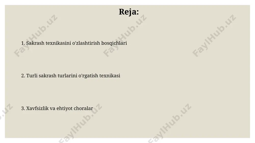 sligi kerak, ayniqsa boshlang'ich darajadagi o'quvchilar uchun. sakrash paytida to'g'ri qo'nish texnikasini o'rgatish va tushish paytida tizzalarni egib, zarbani yumshatish muhim, bu jarohatlardan saqlaydi. sakrash texnikasini baholash va natijalar sakrashning tezligi va balandligi kinetik va potentsial energiya o'zgarishi bilan bog'liq bo'lib, bu parametrlarni 10% aniqlik bilan o'lchash mumkin. sakrash texnikasini baholashda 0-10 ball shkalasi bo'yicha 3 ta asosiy mezon: balandlik, masofa va to'g'ri qo'nish texnikasi qo'llaniladi, bunda 7 balldan yuqori natija muvaffaqiyatli deb hisoblanadi. jismoniy mashqlar va cho'zish sakrash texnikasini o'rgatishda, baland sakrash uchun 30 soniyadan 1 minutgacha bo'lgan plyometrik mashqlar, past sakrash uchun esa 15 soniyadan 30 soniyagacha bo'lgan mashqlarni kiritish samarali bo'ladi. jismoniy mashqlar, ayniqsa, sakrashdan oldin, 10-15 daqiqa davomida mushaklarni isitishga va 5-7 ta turli choʻzish harakatlarini bajarishga qaratilishi kerak, bu jarohatlarni oldini olishga yordam beradi. to'siqlar ustidan sakrash texnikasi to'siq ustidan sakrashda qo'llarning harakatlari muhim; oldinga siljish bosqichida qo'llarni yuqoriga ko'tarish va qo'nish paytida orqaga olish …