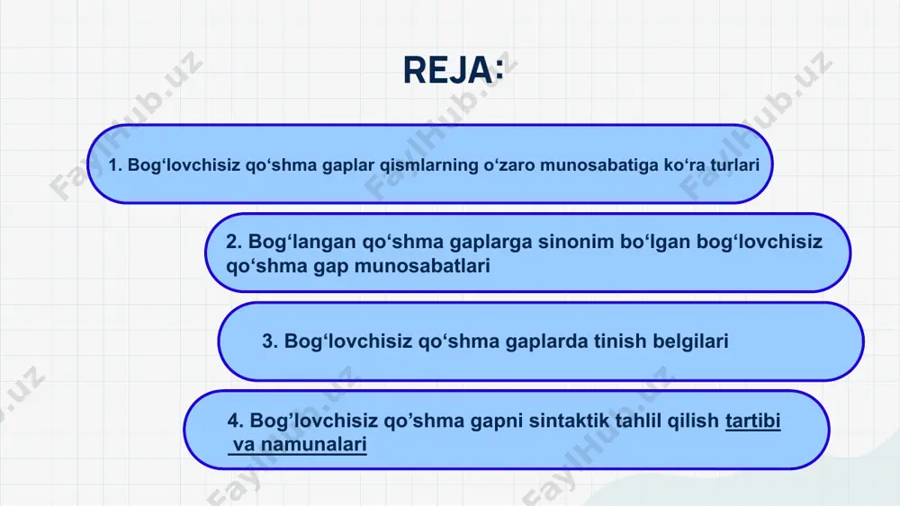 . (maqol.) +5 03 turli xildagi qismlardan tuzilgan bog‘lovchisiz qo‘shma gap: -9 -5 04 bog‘lovchisiz qo‘shma gaplarda tinish belgilarining ishlatilishi +4 -3 0 bog‘lovchisiz qo‘shma gaplarda tinish belgilari quyidagicha ishlatiladi: sizning iste’dodingizni bilaman, sizga hurmatim hamisha baland. (o.) bog‘dagi meva daraxtlari gullagan. havodan bol isi anqiydi. (m. osim.) tong otdi, quyosh charaqlab chiqdi. kecham tong otdi, kuldi bahorim. (qo‘shiq.) masalan; 1. bog‘lovchisiz qo‘shma gap tarkibidagi mazmun jihatdan bir-binga yaqin bo‘lgan, bir paytda yoki ketma-ket bo‘lgan voqea hodisalami ifodalagan sodda gaplar orasiga vergul qo‘yiladi. -3 bog’lovchisiz qo’shma gap bog‘lovchisiz qo‘shma gap tarkibidagi sodda gaplar mazmunjihatidan qisman mustaqil bo‘lsa, yoki vergul ishlatilgan bo‘lsa,qo‘shma gap tarkibidagi sodda gap bir-biridan nuqtali vergul bilan ajratiladi. bog’lovchisiz qo’shma gapni sintaktik tahlil qilish tartibi va namunalari 1. ifoda maqsadiga ko‘ra gap turi. 2. qo‘shma gap tuzilishiga ko‘ra turi. 3. bog‘lovchisiz qo‘shma gap turini ko‘rsatish. 4. bog‘lovchisiz qo‘shma gap qismlarining semantik munosabati. -3 xulosa kesimlaming birdan ortiqligidan tashqari,har …