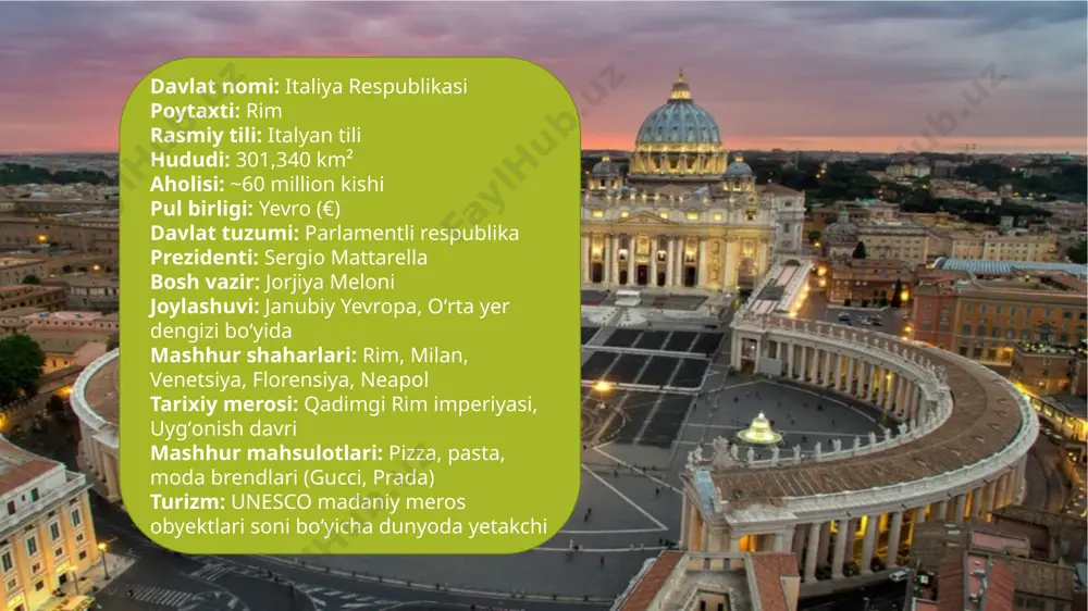 139,3% ga yetishi mumkin. italiya makroiqtisodiy siyosatidagi muammolar va ularning yechimlari 1. davlat qarzining yuqoriligi muammo: italiya yevropadagi eng katta davlat qarziga ega davlatlardan biri bo‘lib, 2024-yilda yaimning 135,3% ini tashkil etdi. bu qarz barqaror iqtisodiy o‘sishga to‘sqinlik qilmoqda. yechim: qarzni bosqichma-bosqich kamaytirish uchun fiskal intizomni kuchaytirish, soliq bazasini kengaytirish va soxta korxonalar faoliyatini kamaytirish zarur. 2. ishsizlik darajasining balandligi (ayniqsa, yoshlar o‘rtasida) muammo: garchi umumiy ishsizlik darajasi 6,5% bo‘lsa-da, yoshlar o‘rtasida bu ko‘rsatkich ancha yuqori. yechim: ta’lim tizimini mehnat bozoriga moslashtirish, kasbiy tayyorgarlik dasturlarini kengaytirish va yosh tadbirkorlikni qo‘llab-quvvatlash muhim. 3. iqtisodiy o‘sishning sustligi muammo: 2024-yilda o‘sish atigi 0,5% ni tashkil etdi. yechim: innovatsiyalarni rag‘batlantirish, ko‘bni qo‘llab-quvvatlash va sanoatni modernizatsiya qilish. 4. demografik inqiroz muammo: aholining qarishi va tug‘ilish darajasining pasayishi iqtisodiy faollikka salbiy ta’sir ko‘rsatmoqda. yechim: oilalarni qo‘llab-quvvatlash siyosatini kuchaytirish, immigratsiyani tartibga solish va ayollar bandligini oshirish. 5. byurokratiya va tartibga solishdagi murakkabliklar muammo: yangi biznes boshlashda ortiqcha …