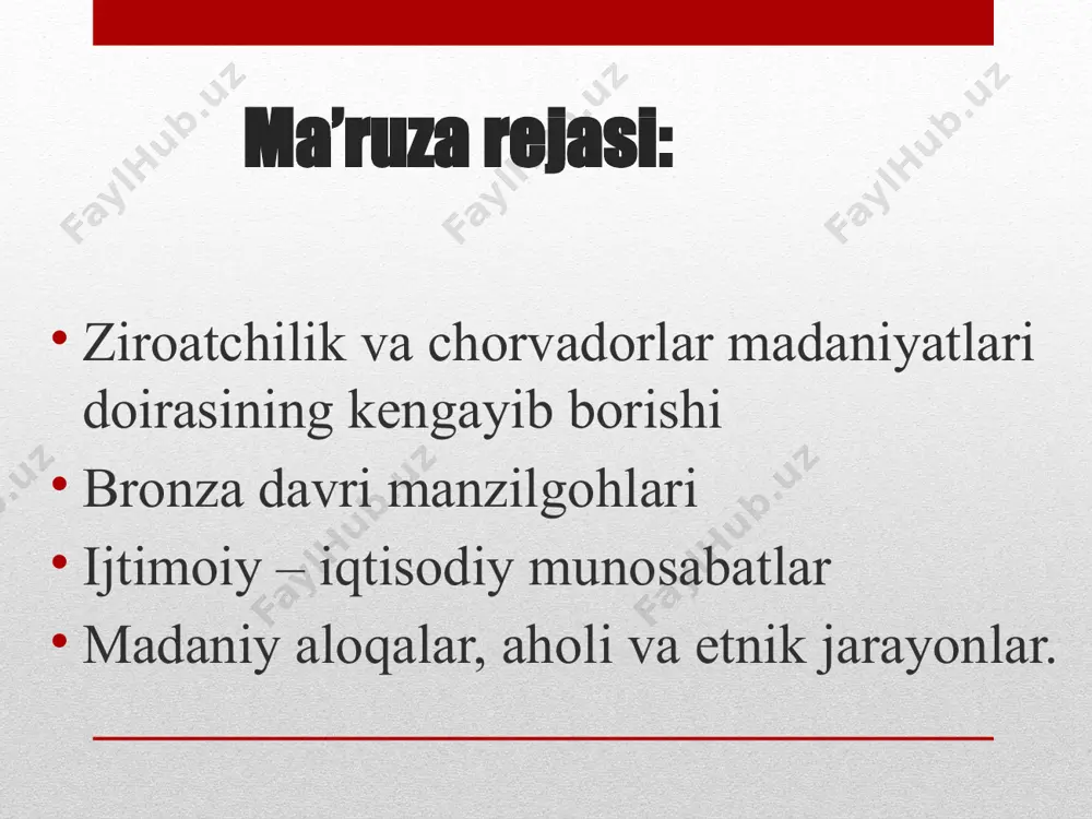gyillikda dehqonchilik va chorvachilik o‘rta osiyo aholisi xo‘jaligining asosiy sohalari bo‘lgan. bronzadan ishlangan qurollar iqtisodiy va ijtimoiy taraqqiyotni tezlashtirgani tufayli, o‘rta osiyo dashtlarida yashagan qabilalar asosan chorvachilik bilan mashg‘ul bo‘lgan. qadimgi sharqda shahar-davlatlar vujudga kelishi bilan hunarmandchilik dehqonchilikdan ajralib chiqqan. o‘rta osiyo janubiy hududlarida mil. avv. iii mingyillikning o‘rtalari – ii mingyillik boshlarida ixtisoslashgan hunarmandchilik sohalari rivoj topadi. бронза даври хўжалик асоси: деҳқончилик ва чорвачилик натижада: махсулотни ортиб қолиши тенгсизликни пайдо бўлишига олиб келди кабила ва уруғ ўртасида ўзаро алмашув улар ўртасида иқтисодий маданий этник муносабатлар кашфиётлар суний суғориш; металлни қайта ишлаш билан боғлиқ ҳунармандчилик; заргарлик санъати; қурилишда ғиштдан фойдаланиш; керамика тайёрлашда кулолчилик дастгоҳи; ипакчилик ва пахтачиликни пайдо бўлиши бронза даври ижтимоий муносабатлар матриархатдан патриархатга ўтиш бошланди патриархат – эркакнинг оила, жамиятда мавкеини ошган ибтидоий жамоа даври чорвачиликни деҳқончликдан ажраб чикиши, илк меҳнат тахсимоти эркак мавкеини ошиши натижада -жамоавий ниқоҳ бекор килинди; - моногам оилалар пайдо бўлди; - оилада эркак …