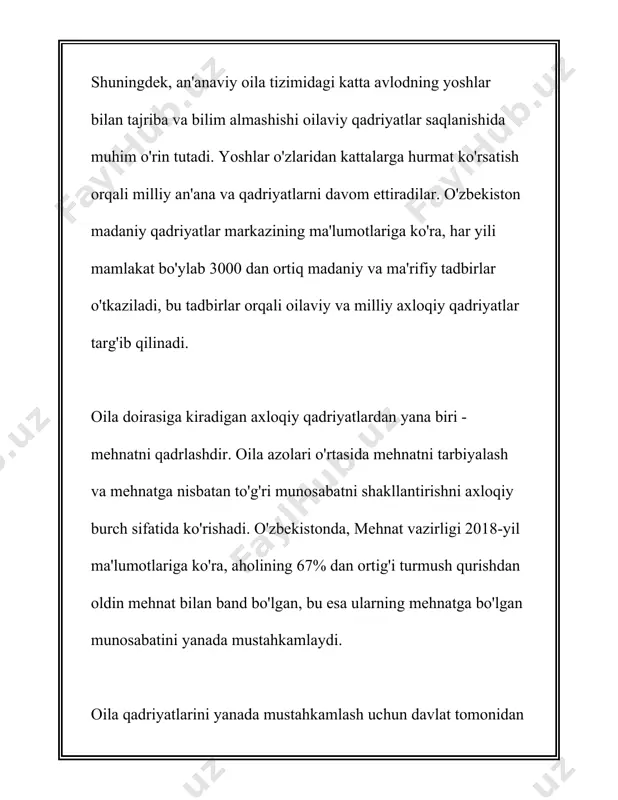 shkil etgan. oila tizimi har bir mintaqada oziga xos xususiyatlarga ega bolsa-da, uning asosiy funksiyalari doimiydir. oilalar iqtisodiy jihatdan ham jamiyatga katta hissa qoshadi. ular istemolchilar sifatida ichki bozorni shakllantiradi va milliy mahsulotlar uchun talabni yaratadi. ozbekistonda 2021-yilda oziq-ovqat mahsulotlari istemoli boyicha otkazilgan tadqiqotlar natijalariga kora, har bir oila ortacha har oyda 300,000 somni oziq-ovqat mahsulotlariga sarflagan. oila ham ijtimoiy talim muhitidir. bu yerda bolalar birinchi marta ijtimoiy qoidalar va qadriyatlar bilan tanishadilar, axloqiy meyorlar va etiket qoidalarini organadilar. 2019-yilda otkazilgan tadqiqot natijalariga kora, ota-onalarning 70% dan ortigi farzandlari bilan aktiv ismli ravishda shugullangan va ularga asosiy bilimlarni berishga harakat qilgan. oila jamiyatdagi ijtimoiy nazorat mexanizmlaridan biri sifatida ham xizmat qiladi. u jamiyatda mavjud tartib-qoidalar va meyorlarga rioya qilishni taminlaydi. 2020-yili otkazilgan sorovnoma natijalariga kora, oilalarning 80% dan ortigi oz farzandlari xulq-atvorini nazorat qilish zarurligini qayd etgan. oila azolari ortasidagi munosabatlar insonning psixologik holati va sogligiga tasir korsatadi. statistikaga kora, …