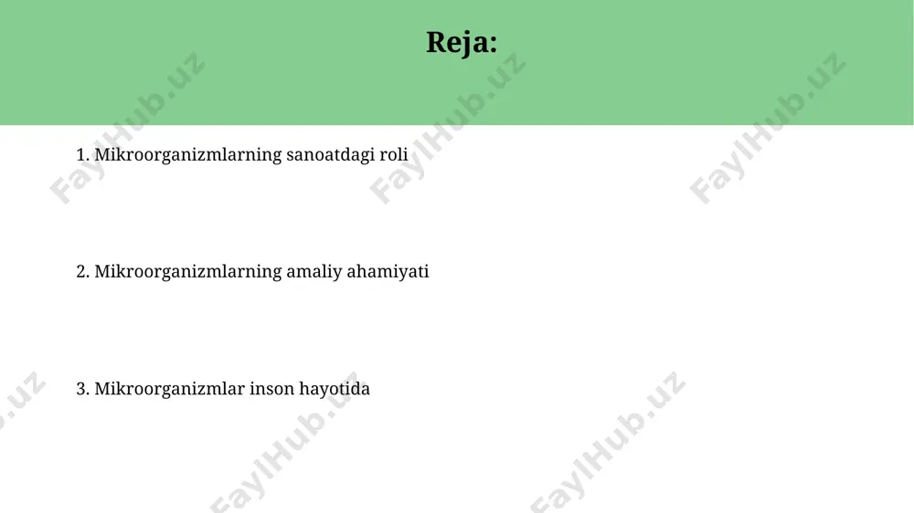 q va quruq pishloqlar, sut kislotali bakteriyalar yordamida tayyorlanadi va bu mahsulotlarning sog'liq uchun foydali xususiyatlarini ta'minlaydi. mikroorganizmlar va bioremediasiya o'zbekistonning qoraqalpog'iston respublikasidagi tuproqlarni bioremediasiya qilishda 50 dan ortiq mikroorganizmlar turi, jumladan, bacillus va aspergillus turlari muvaffaqiyatli qo'llanilgan. bioremediasiya jarayonida ishtirok etadigan 10 6 -10 9 cfu/g zichlikdagi mikroorganizmlar, masalan, geotriggerlar yordamida, ifloslangan hududlarni tozalashni tezlashtiradi. mikroorganizmlar va energiya ishlab chiqarish aqshning ba'zi shtatlarida, biodizel ishlab chiqarishda ishlatiladigan yog‘larni mikroorganizmlar yordamida qayta ishlash natijasida olingan biodizel yoqilg‘isi 1 litr uchun 0,8-1,2 dollarga tejamasini ta'minlaydi. mikroorganizmlar, masalan, metanogenlar, chiqindi suvlarni biogazga (metan va karbon dioksid aralashmasi) aylantirish orqali 20-30% gacha energiya samaradorligini oshirishi mumkin, bu esa o‘zbekistonning energiya ehtiyojini qisman qoplashga yordam beradi. atrof-muhitni muhofaza qilishda mikroorganizmlarning qo'llanilishi bioremediatsiya jarayonida, taxminan 106 hujayra/ml zichlikdagi bacillus subtilis shtammlari, 200 litr hajmli suv havzalaridagi og'ir metallarning (masalan, simob) konsentrasiyasini sezilarli darajada kamaytirishi mumkin, toshkentdagi sanoat korxonalarining chiqindilarini qayta ishlashda muhim ahamiyat kasb etadi. …