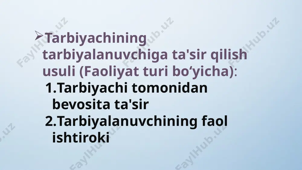 ladi. masalan, nazorat va rag‘batlantirish metodlari bir-birini to‘ldiradi, ammo qaysi biri ko‘proq ta'sir ko‘rsatishini aniqlash qiyin. shuningdek, ba'zi metodlar ijtimoiy, ba'zilari esa psixologik asosda ishlaydi, bu esa ularni tasniflashni yanada murakkablashtiradi. metodlarning o‘zgaruvchan tabiati (changing nature of methods) tarbiya metodlari jamiyatdagi ijtimoiy va madaniy o‘zgarishlarga qarab o‘zgaradi. masalan, ilgari samarali bo‘lgan metodlar, zamonaviy yoshlar uchun unchalik samarali bo‘lmasligi mumkin. ayniqsa, texnologiya va kommunikatsiya vositalarining tez rivojlanishi tarbiya metodlarini yangilashni talab qiladi. shu bois, tarbiya metodlarini klassifikatsiya qilishda ushbu metodlarning o‘zgaruvchan tabiati va vaqt o‘tishi bilan ularning ahamiyatini hisobga olish zarur. tarbiya metodlarini ilgari surishda e'tiborning noaniqligi tarbiya metodlarini qo‘llashda o‘qituvchi yoki tarbiyachi nima uchun bu metodni tanlashi, uning maqsadlari qanday bo‘lishi kerakligi haqida doimo aniq tasavvurga ega bo‘lishi lozim. lekin ko‘p hollarda, metodlarning maqsadlari va ularning tanlanish sabablari noaniq bo‘lishi mumkin. bu esa metodlarni klassifikatsiyalash va ularni samarali tarzda qo‘llashga to‘sqinlik qiladi. e’tiboringiz uchun rahmat image2.jpeg image3.jpeg image1.jpeg /docprops/thumbnail.jpeg