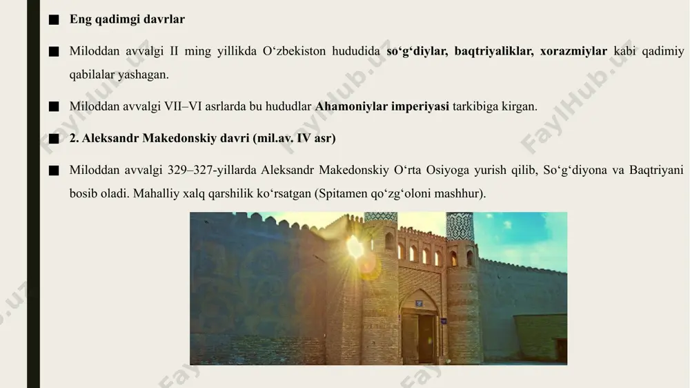 ilikning yirik markaziga aylandi. somoniylar davlati (ix–x asrlar) ix asr oxiriga kelib, somoniylar sulolasi movarounnahrda mustaqil davlat barpo qildi. buxoro poytaxtga aylangan va “islom madaniyatining beshigi” sifatida tanilgan. bu davrda mashhur allomalar — abu abdulloh rudakiy, abu nasr forobiy, abu ali ibn sino, beruniy va boshqalar faoliyat yuritgan. somoniylar davlati markaziy osiyoda mustaqil davlatlilik an’analarini mustahkamladi. qoraxoniylar, g‘aznaviylar va saljuqiylar (x–xii asrlar) x asr oxirida qoraxoniylar sulolasi somoniylar davlatini tugatib, movarounnahrni egalladi. ular musulmon dunyosida yirik davlatlardan biri sifatida tanildi. xi asrda g‘aznaviylar ham hududda ta’sir kuchiga ega bo‘ldi. keyinchalik saljuqiylar davlatining ta’siri kuchayib, movarounnahr ulkan imperiyaning tarkibiy qismi sifatida rivojlandi. xorazmshohlar davlati (xi–xiii asr boshlarida) xi–xii asrlarda xorazmshohlar mustaqil va qudratli davlatni shakllantirdi. ularning poytaxti urganch bo‘lib, iqtisodiy va madaniy jihatdan ravnaq topdi. xii asr oxirida alauddin muhammad davrida xorazmshohlar davlatining hududi kengaydi, lekin xiii asr boshlarida chingizxon boshchiligidagi mo‘g‘ul qo‘shinlari istilosi davlatni vayron qildi. mo‘g‘ullar istilosi va chig‘atoy …