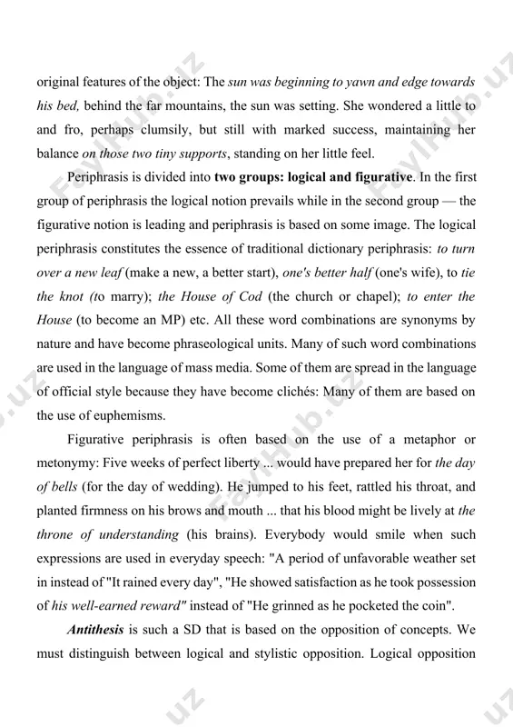 d have become phraseological units. many of such word combinations are used in the language of mass media. some of them are spread in the language of official style because they have become clichés: many of them are based on the use of euphemisms. figurative periphrasis is often based on the use of a metaphor or metonymy: five weeks of perfect liberty ... would have prepared her for the day of bells (for the day of wedding). he jumped to his feet, rattled his throat, and planted firmness on his brows and mouth ... that his blood might be lively at the throne of understanding (his brains). everybody would smile when such expressions are used in everyday speech: "a period of unfavorable weather set in instead of "it rained every day", "he showed satisfaction as he took possession of his well-earned reward" instead of "he grinned as he pocketed the …