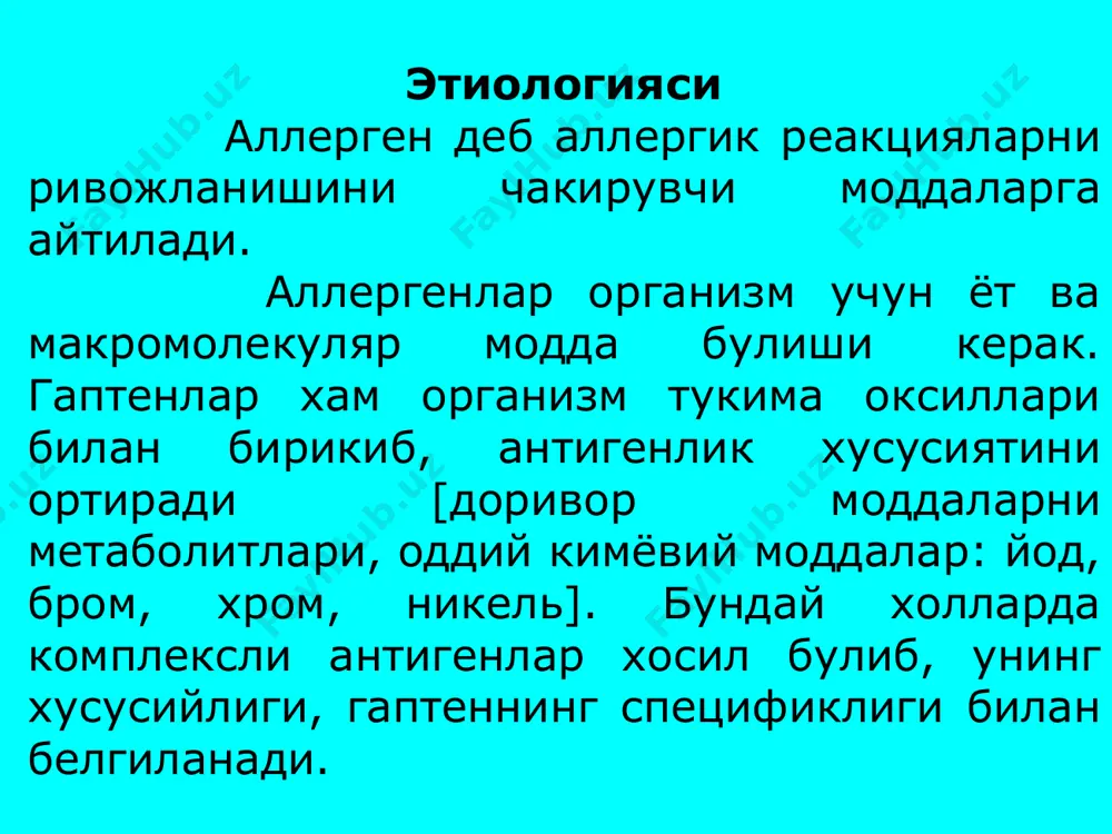 цит]лар таъсирида руй берадиган мураккаб биохимик жараёнлар натижасида тайёр ва янгидан синтезланган биологик актив моддалар ажралиб чикади. iii боскич: патофизиологик боскич медиаторлар таъсирида организм тукима органларини ва хужайраларини берган жавоб реакциялари мажмуаси руй беради. медиаторлар таъсирида кон томирлар деворининг утказувчанлигини ортиши, натижада кон томирдан ташкарига суюкликни ажралиши кучайиб, шиш хосил булиб, сероз яллигланишига сабаб булади. агар патологик жараён шиллик каватларда булса гиперсекреция булади. нафас органлари системасида бронхоспазм бронхиолалар деворини шишини гиперсекреция натижасида нафас олиш ута кийинлашади [экспиратор хансираш]. патохимик боскичи: ички таъсири ва ташкарига чикиб кетиши натижасида катор медиаторлар хосил булиб, комплексни фагоцитоз килинишига ва хазм булишига шарт-шароитлар яратиб беради. анафилаксия сенсибилизацияланган организмга шу сенсибилизацияни чакирган ёт оксилни кайта парэнтрал йул билан киритилганда сезувчанликни ута ортиши билан борадиган жараённи рише ва портье анафилаксия деб номлаган. анафилаксия грек суздан олинган apa-инкор, phylaxis-химоя маъносини англатади. безредко анафилаксияни анафилактик шок деб номлади. анфилаксия 3 боскичда ривожланади: сенсибилизация- (тайёрланиш) сенсибилизация даври шокни нусхалаштириш. сенсибилизация …