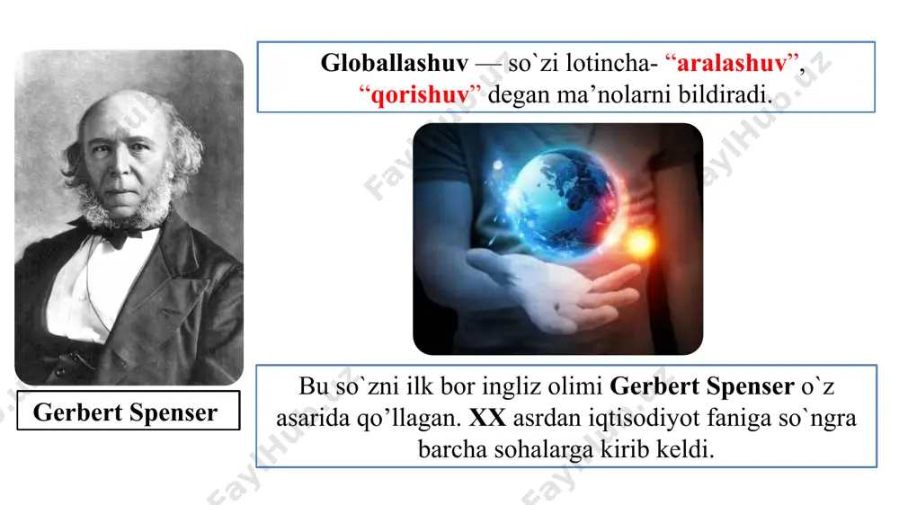 ang-barang tabiiy boylikka ega. salbiy tomoni: iqtisodiyotning umum modelini mustahkamlash, oltin zahirani kamayishi, kichik biznesni vayron bo`lishi, raqobatning zaiflashuvi, turmush darajasining pasayishi va boshqalar. ijobiy tomoni: davlatlar o'rtasida iqtisodiy hamkorlikni rivojlantirish, insoniyatning ilg'or yutuqlarini joriy etish, resurslarni tejash. salbiy tomoni: dunyo boyliklari sanoqli odamlar qo`lida to`planadi. jahon bozori to`la egallanadi. jahon va ichki iqtisodiyot sanoqli davlatlar tomonidan boshqariladi. salbiy tomoni: transmilliy kompaniyalar barcha hududni egallaydi. mahalliy iqtisodiyot o`ladi. madaniy globallashuv dunyoda madaniyatlarni yaqinlashuvi va xalqaro aloqalarning o'sishi. bu butun dunyoda milliy madaniyatning ommalashtirishga olib keladi. boshqa tomondan, ommabop xalqaro madaniy hodisalarni xalqaro darajaga olib chiqishi mumkin. ko'pchilik bu milliy qadriyatlarni yo'qotish deb hisoblaydi va uni qayta tiklash uchun kurashadi. madaniy globallashuv filmlar ko'plab mamlakatlarda bir vaqtning o'zida namoyish etiladi. kitoblar barcha tillarga tarjima qilinadi va talabga qarab sotiladi. madaniy globallashuv madaniy globallashuv internet madaniy globallashuvda katta rol o'ynaydi. bundan tashqari, xalqaro sayyohlik tobora kengayadi. tadqiqot natijalariga ko'ra, globallashuv jarayonida 65 …