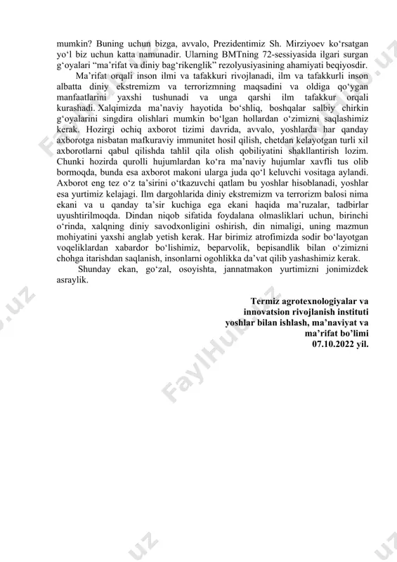 li ongiga siyosiylashtirilgan islom g‘oyalarini singdirishga urinmoqdalar. kishilarning osoyishtaligi va xavfsizligiga tahdid soladigan barcha ko‘rinishlar buzg‘unchilik, fasod ishlardan sanaladi. mutaassiblik, ekstremizm va terrorchilik odatda begunoh odamlarning qoni to‘kilishiga olib keladi. ming–minglab begunoh musulmonlarning qonini to‘kib, go‘yoki bu bilan o‘zlariga jannatni naqd qilib qo‘ymoqdamiz, deb xom xayolga berilayotganlar, aslida allohning la’nati va g‘azabini yuklab olmoqdalar. dunyo shiddat bilan o‘zgarib, barqarorlik va xalqlarning mustahkam rivojlanishiga rahna soladigan turli yangi tahdid va xavflar paydo bo‘layotgan bugungi kunda ma’naviyat va ma’rifatga, axloqiy tarbiya, yoshlarning bilim olish, kamolga yetishiga e’tibor qaratish har qachongidan ham muhimdir. hozirgi kunda ayrim mamlakatlarda diniy harakatlar niqobi ostida insoniylikka zid qabihliklar sodir etilayotganidan xabarimiz bor, albatta. bunga birgina misol qilib suriya, liviya, iroq kabi mamlakatlarni keltirishimiz mumkin. bu xavfli illatlardan soqit bo‘lish uchun biz qanday yo‘lni tanlamog‘imiz kerak? qanday chora-tadbirlar bilan bu xatarli botqoqdan zararsiz o‘tib olish mumkin? buning uchun bizga, avvalo, prezidentimiz sh. mirziyoev ko‘rsatgan yo‘l biz uchun katta …