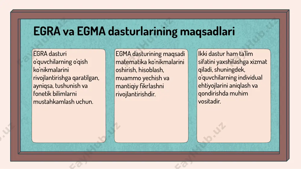 adabiyotlar 1. o‘zbekiston respublikasi ta'lim vazirligi. egra va egma dasturlarining ta'lim sifatini oshirishdagi roli. o‘zbekiston ta'lim jurnal, 2020. 2. yusupova, s. egra va egma dasturlarining metodologik asoslari. toshkent: ta'lim va tarbiya nashriyoti, 2019. 3. rahmonov, s. o'qish va matematika ko'nikmalarini baholashda xalqaro tajribalar. xalqaro ta'lim konferensiyasi materiallari, 2021. 4. islomov, a. ta'lim sifatini yaxshilashda innovatsion yondashuvlar: egra va egma misolida. o‘zbekiston pedagogika jurnali, 2022. 5. xalqaro ta'lim tashkiloti. egra va egma dasturlarining muvaffaqiyatli amaliyoti va natijalari. xalqaro ta'lim ko‘rsatkichlari, 2023. e’tiboringiz uchun rahmat! image1.png image2.png image3.png image4.png image5.png image6.png image7.png image8.png image9.png image10.png image11.png image24.jpg image12.png image13.png image14.png image15.png image16.png image17.png