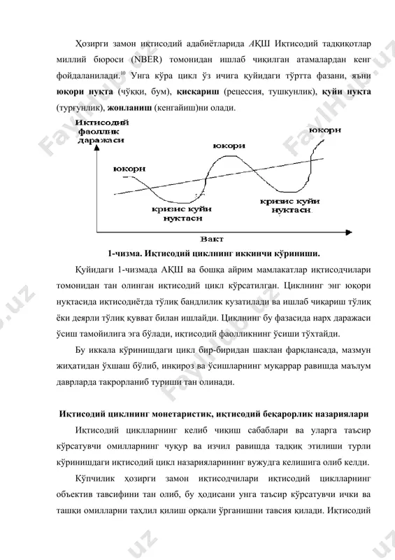 тисодий циклни келтириб чиқарувчи муҳим омиллардан бири сифатида қаралади. агар бир ёки бир неча тармоқда машина-ускуналарга талабнинг кескин ортишини келтириб чиқарадиган иқтисодий ўсиш бошланса, табиийки, бу ҳол машина ва ускуналар тўлиқ эскирадиган ҳар 10-15 йилдан кейин такрорланади. бошқа ички омиллардан қўйидагилар ажратиб кўрсатилади: · шахсий истеъмолнинг ўзгариши (қисқариши ёки кенгайиши); · инвестициялар, яъни ишлаб чиқаришни кенгайтириш, уни янгилаш ва янги иш жойларини вужудга келтиришга йўналтириладиган маблағлар ҳажми; · ишлаб чиқариш, талаб ва таклифлар ҳажмига таъсир кўрсатишга қаратилган давлат иқтисодий сиёсатининг ўзгариши. иқтисодий циклларнинг келиб чиқишини фақат экстернал ёки интернал назария орқали тушунтириш кўпам тўғри эмас. иқтисодий цикл ва умуман иқтисодий тизимдаги миқдорий ва сифат ўзгаришлар ташқи ва ички омиллар оқибатида келиб чиқиши мумкин эмас. шунингдек, иқтисодиётнинг циклли ривожланиши сабабларини изоҳлашда бир қатор қуйидаги назариялар ҳам илгари сурилади: соф монетар назария. бу назария тарафдорларининг фикрича бозор иқтисодиётида марказий ўринни пул ва кредит эгаллайди. иқтисодиётнинг циклли ўзгариши энг аввало пул массасининг оқимини …