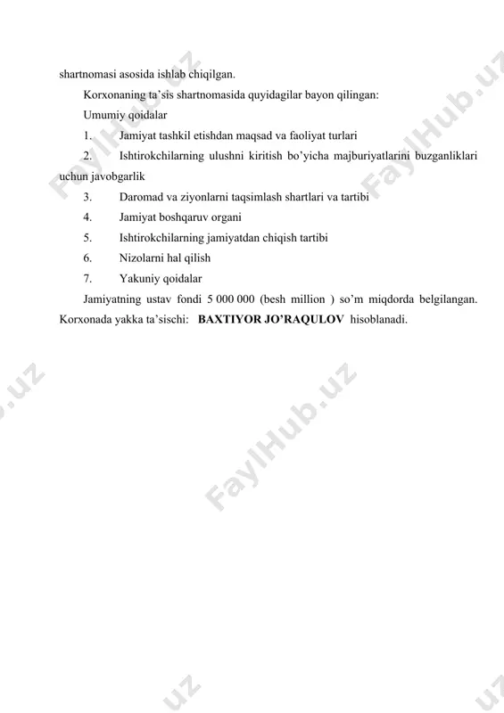 sh xarajatlarini taqsimlash va hisobdan o’chirish tartibi. 11. kelgusi davr sarflarini hisobdan o’chirish tartibi: 12. boshqaruv va tijorat sarflarini tan olish tartibi: 13. kelgusi davr sarflari va to’lovlari uchun rezervlar yaratish tartibi. 14. foydani taqsimlash va ishlatishni hisobga olish variantlari: «hisob siyosati va moliyaviy hisobot»nomli №1 bhms ga muvofiq xo’jalik yurituvchi sub’ekt tomonidan hisob siyosatini shakllantirish chog’ida tanlangan buxgalteriya hisobi usullari tegishli tashkiliy-farmoyish hujjatlari rasmiylashtirilgan yildan keyingi yilning 1 yanvaridan qo’llaniladi. hisobot yili davomida yangidan tashkil etilgan xo’jalik yurituvchi sub’ektlar bundan mustasnodir. №1-bhms ning 55-bandiga muvofiq yangidan tashkil etilgan xo’jalik yurituvchi sub’ektlar tuzilgan hisob siyosatini birinchi moliyaviy hisobotni e’lon qilgunga qadar, lekin yuridik shaxs huquqini olgan kundan boshlab 90 kundan kechikmasdan rasmiylashtirishi lozim. sub’ekt tomonidan tanlangan hisob siyosati yuridik shaxs huquqini olgan kundan boshlab qo’llaniladi. 3. korxonaning asosiy vazifasi va faoliyat yo’nalishlari. korxonaning asosiy vazifasi va faoliyat yo’nalishlari quyidagilardan iborat: * "usta kasanachi" mchj korxonalarning moliyaviy barqarorligini oshirish, moliyaviy operatsiyalarni …
