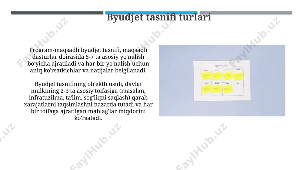 urli xil dasturlarni oladi. davlat byudjeti daromadlari, 2023-yil ma'lumotlariga ko'ra, soliqlar (60%), bojlar (25%) va boshqa daromadlar (15%) kabi manbalardan shakllanadi. byudjet nazorati tizimi byudjet nazorati tizimi davlat xarajatlarining 90% dan ortig'ini qamrab oladi va byudjet mablag'larining maqsadli ishlatilishini ta'minlash uchun 3 bosqichli audit jarayonini o'z ichiga oladi. samarali byudjet nazorati tizimi, o'rtacha 5% ga teng byudjet xarajatlarini tejashga va korrupsiyani kamaytirishga yordam beradi, bu esa yillik 20 million so'm iqtisodiy foyda keltiradi. byudjetni tahlil qilish usullari byudjetni tahlil qilishda differensial tahlil usuli 20% dan ortiq og'ishni aniqlashda qo'llaniladi va byudjetdagi xarajatlarning asosiy sabablarini aniqlashga yordam beradi. variantli byudjetlash usuli 2-3 ta stsenariyni (masalan, optimist, pessimist va realistik) o'z ichiga oladi va xavflarni baholashda va byudjetning moslashuvchanligini oshirishda yordam beradi. iqtisodiy klassifikatsiya iqtisodiy klassifikatsiya, byudjet mablag‘larini 3 ta asosiy toifaga: davlat, xususiy va nodavlat notijorat tashkilotlariga ajratishni o‘z ichiga oladi, bu esa xarajatlarni tahlil qilishni soddalashtiradi. byudjetning iqtisodiy klassifikatsiyasi daromadlarni …