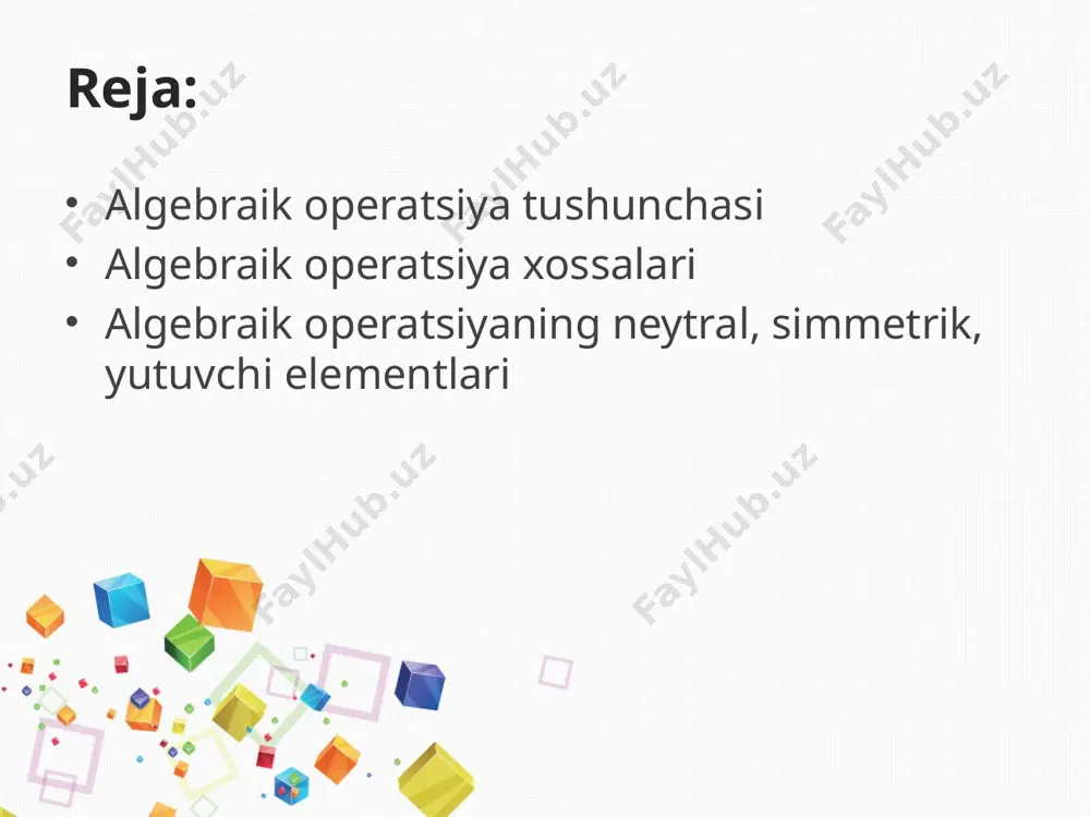 strubitiv deyiladi. qisqacha yoziladi. masalan, n da ko’paytirish qo’shishga nisbatan distrubitivdir. 6*(5+9)=6*5+6*9=30+54=84 ii algebraik operatsiya xossalari 6 5-ta’rif. agar x dan olingan istalgan x, y lar uchun shunday bir topilib, dan x=y kelib chiqsa, u holda () operatsiya qisqaruvchan deyiladi. qisqacha: ( kabi yoziladi. masalan, demak, “+” qisqaruvchan operatsiya. 5+a=5+b algebraik operatsiya assotsiativ qisqaruvchan distrubitiv kommutativ iii.algebraik operatsiyaning neytral, simmetrik, yutuvchi elementlari 6-ta’rif. agar istalgan uchun shunday topilsaki, natijada xte=etx=x shart bajarilsa, u holda e shu “t” operatsiya uchun neytral element deyiladi. qisqacha: kabi yoziladi. misol. natural sonlar to’plamida1 soni ko’paytirishga nisbatan neytral element. n∙1=1 ∙n=n, 5 ∙1=1 ∙5=5 5+0=0+5=5 e=0 7-ta’rif. agar x to’plamda berilgan () operatsiyaga nisbatan neytral element bo’lsa va shart bajarilsa, u holda simmetrik element deyiladi. masalan, natural sonlar toplamida element ko’paytirishga nisbatan simmetrik element hisoblanadi. chunki: = z butun sonlatr to’plamida 3+(-3)=-3+3+0 -a element a ga qo’shishga nisbatan simmetrik bo’ladi, chunki a+(-a)=0 8-ta’rif.agar x to’plamda …