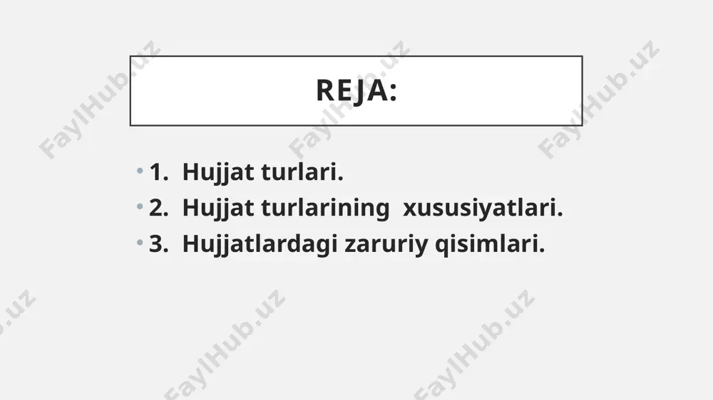 biriga o‘xshash va ko‘p takrorlanadigan masalalar yuzasidan tuzilgan matnlarni o‘z ichiga oladi. qolipli hujjatlar, odatda, oldindan tayyorlangan bosma ish qog‘ozlariga yoziladi, bunday hujjatlarda ikki turli axborot aks etadi, ya’ni o‘zgarmas (oldindan tayyor bosma matnda ifodalangan) va o‘zgaruvchi (hujjatni tuzish paytida yoziladigan) axborotlar; shuning uchun bu tur hujjatlarga nisbatan ko‘pincha «yozmoq» emas, balki «to‘ldirmoq» so‘zi ishlatiladi. shu o‘rinda aytish kerakki, hujjatlarning qolipli turlari doirasini kengaytirish – ish yuritishni takomillashtirishdagi maqbul yo‘llardan biridir. chunki bu tadbir hujjat matnlarini bir xil qilish va hujjat tayyorlash uchun ketadigan vaqt hamda mehnatni anchagina tejash imkoniyatini beradi. qolipli hujjatlar sirasiga, masalan, ish haqi yoki joyi haqidagi ma’lumotnomalar, ayrim dalolatnomalar, xizmat safari guvohnomalari va boshqa ko‘plab hujjatlarni kiritish mumkin. 2. hujjat turlarining xususiyatlari. hujjatlar tegishlilik jihatiga ko‘ra, xizmat yoki rasmiy hujjatlar va shaxsiy hujjatlarga ajratiladi. xizmat hujjatlari tayyorlanishiga ko‘ra, muassasa yoki mansabdor shaxslarga tegishli bo‘lsa, shaxsiy hujjatlar yakka shaxslar tomonidan yozilib, ularning xizmat faoliyatlaridan tashqaridagi yoki jamoat …